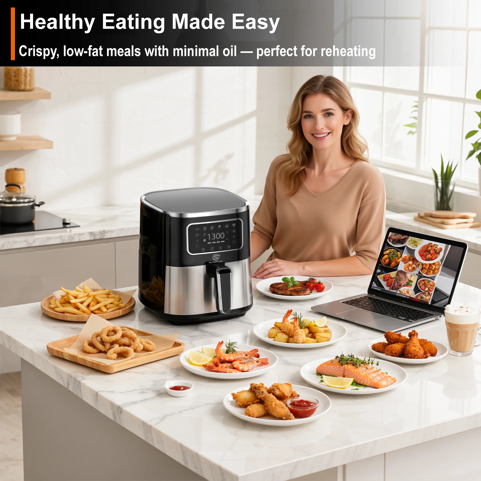 SUPERLEX 5.5L Digital Air Fryer 1450W Oil Free Air Fryer, Touch Screen Multiple Preset Programmes, Adjustable Time & Temperature, Non-Stick Dishwasher Safe Basket for Healthy Home Cooking