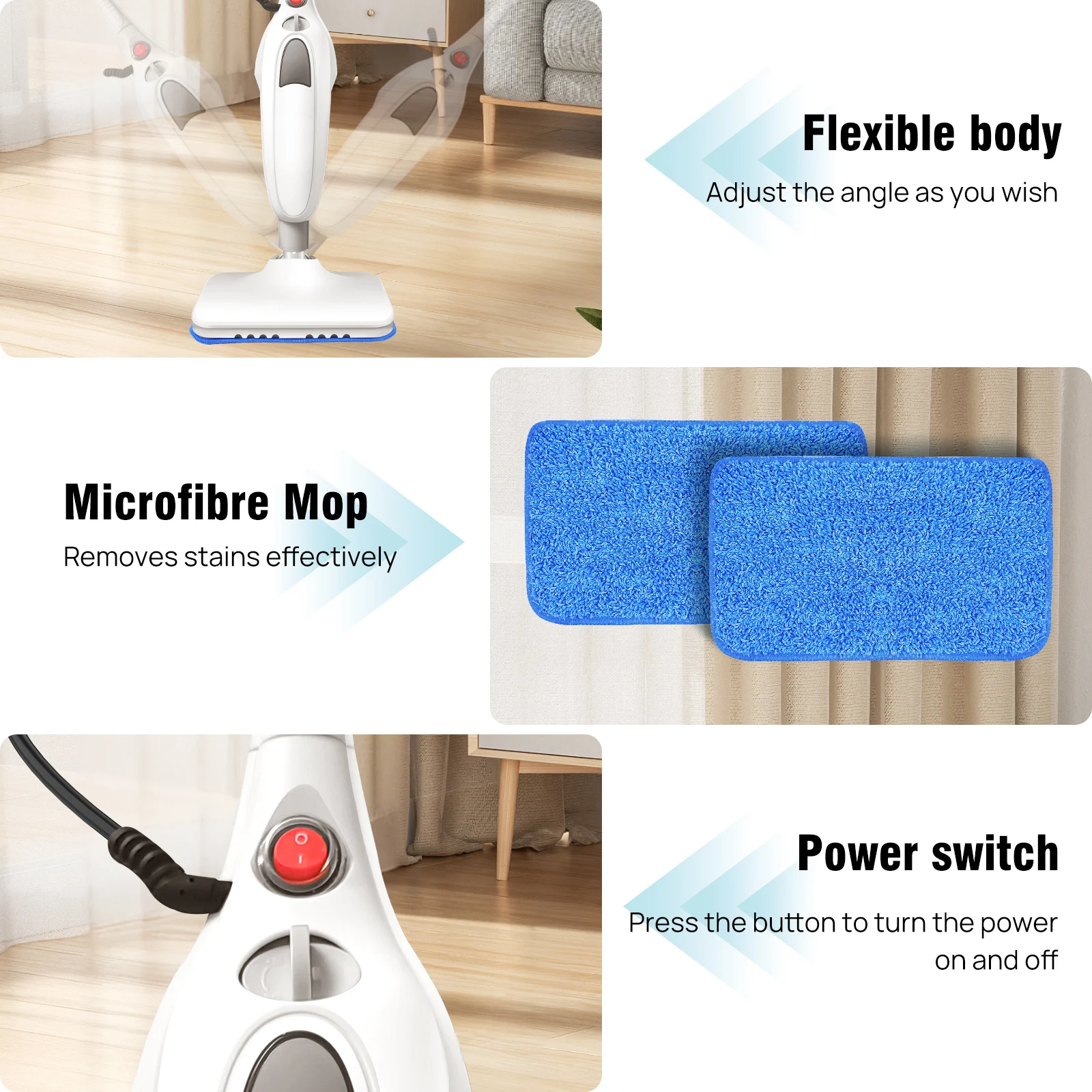 BRIEFNESS Electric Steam Mop, 400ml Detachable Floor Steamer with 2 Pads for Laminate, Tile, Carpet Deep Clean Stubborn Dirt