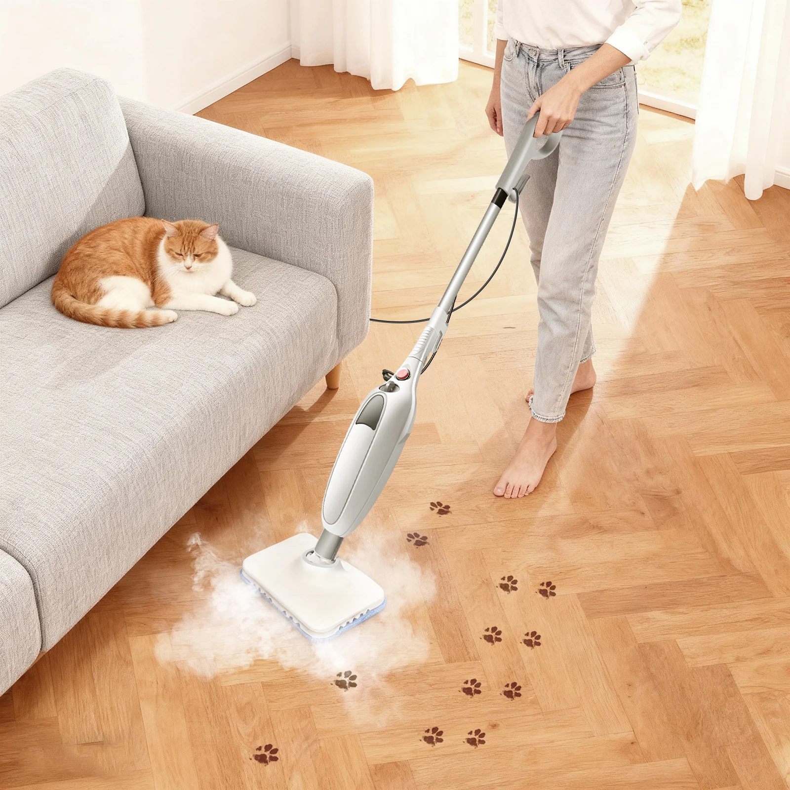 BRIEFNESS Electric Steam Mop, 400ml Detachable Floor Steamer with 2 Pads for Laminate, Tile, Carpet Deep Clean Stubborn Dirt