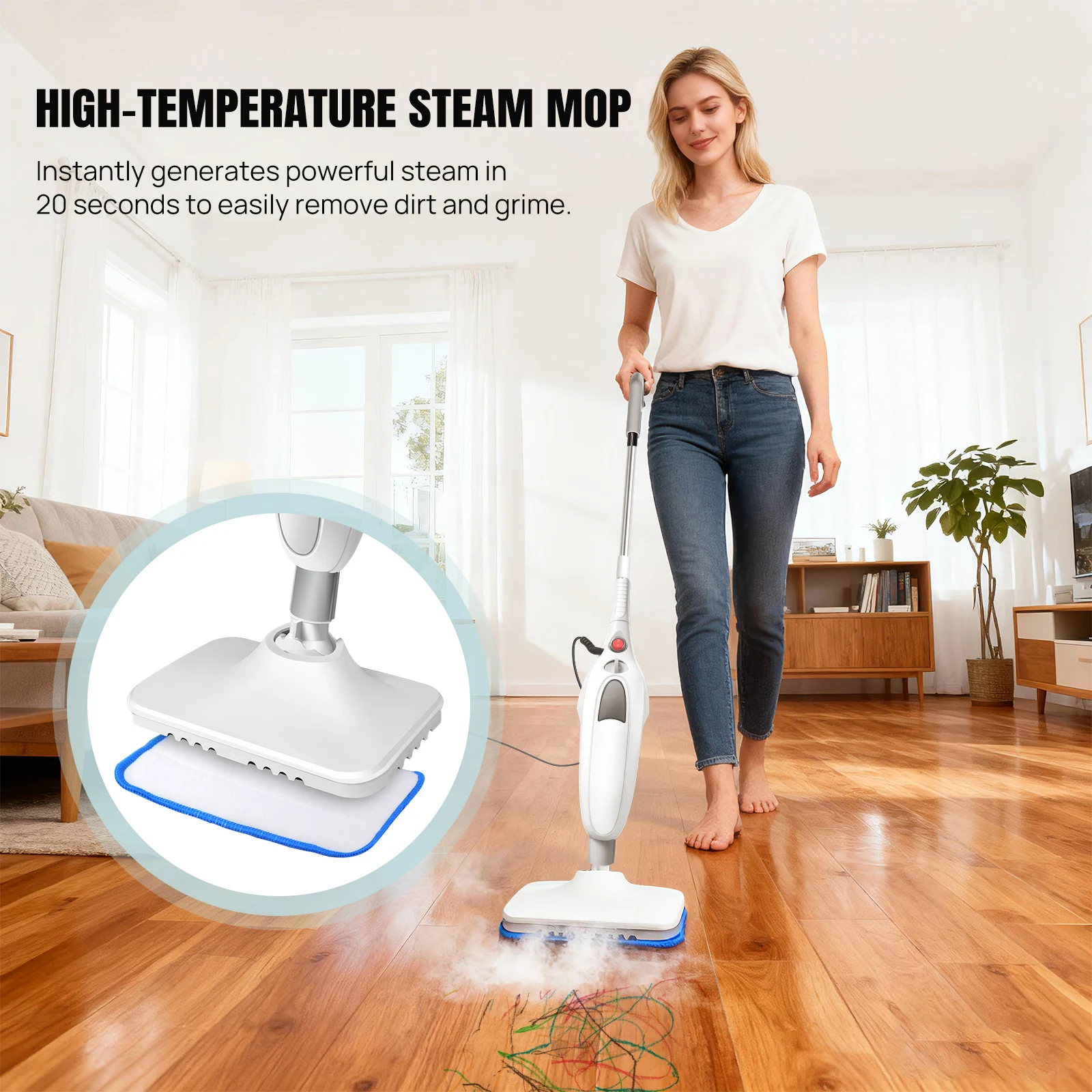 BRIEFNESS Electric Steam Mop, 400ml Detachable Floor Steamer with 2 Pads for Laminate, Tile, Carpet Deep Clean Stubborn Dirt