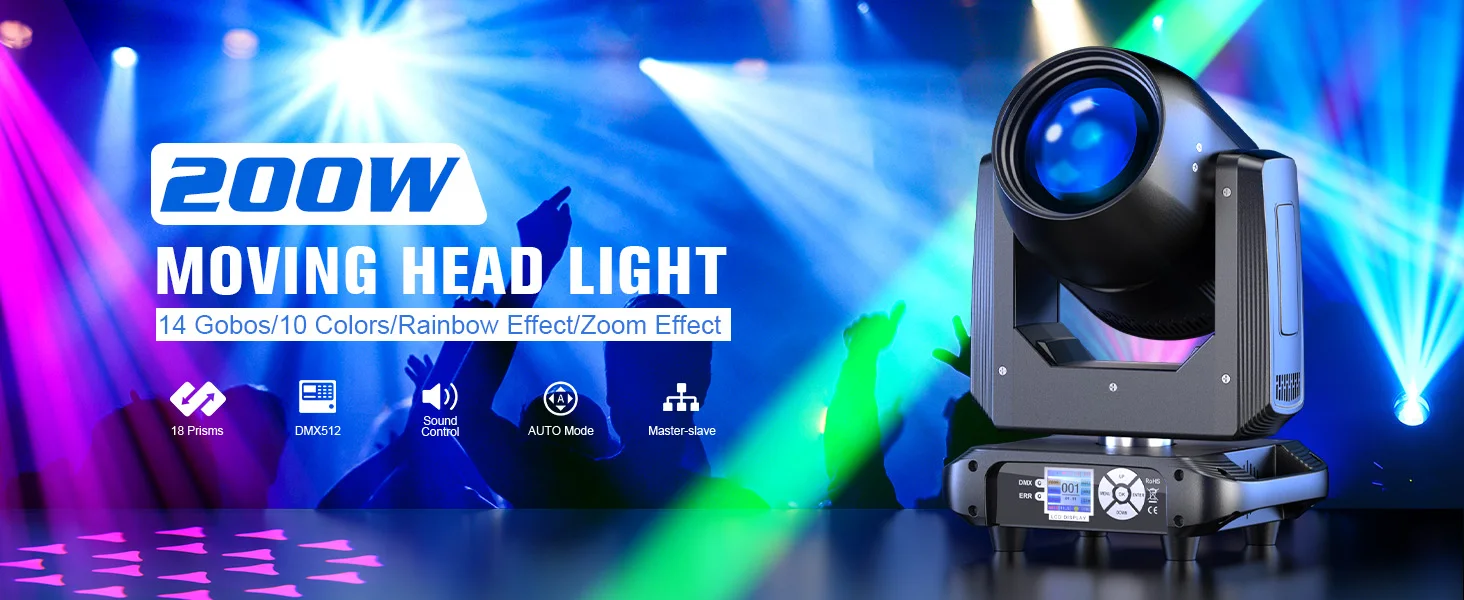 LeLeght 2Pcs 200W Moving Head 18-Facet Prism Stage Light 14CH DMX512 With Sound Activated for Parties Wedding Church Live Show