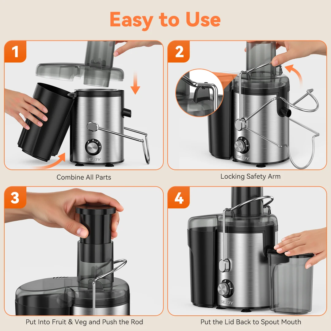 Sejoy Compact Fruits Juicer,Juice Extractor Machine Multiple Safety Features Operation Centrifugal Extractor Speed Adjustable