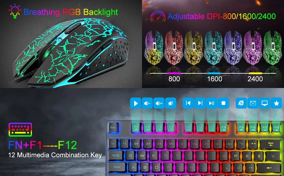 T87 Wireless Keyboard Mouse Set, Rainbow Backlit 2.4G Rechargeable Gaming Keyboard 2400DPI Optical Gaming Mouse with Mouse Pad