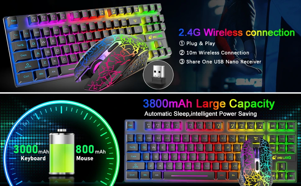 T87 Wireless Keyboard Mouse Set, Rainbow Backlit 2.4G Rechargeable Gaming Keyboard 2400DPI Optical Gaming Mouse with Mouse Pad