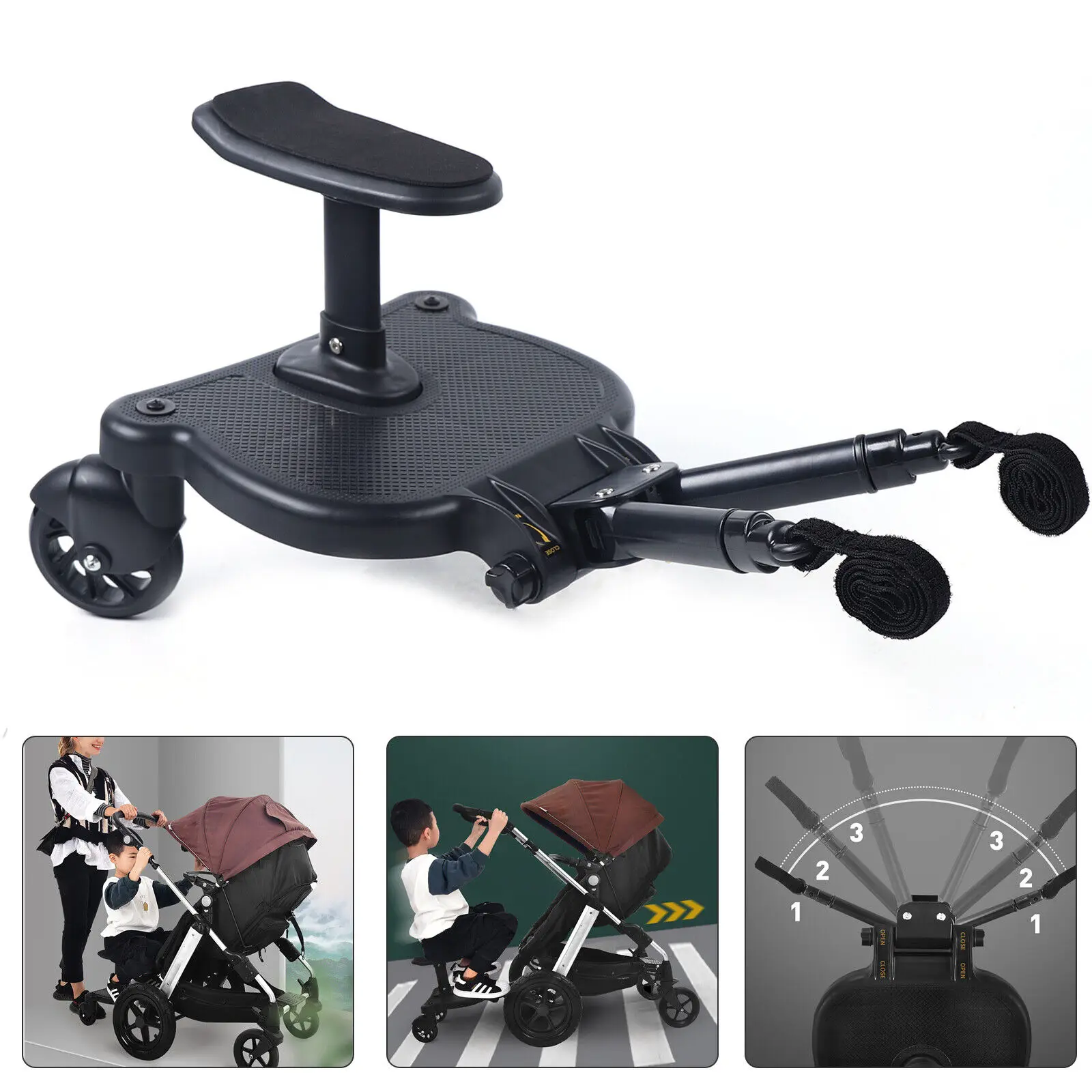 Universal Stroller Board 2 in 1 Removable Seat 55LBS Load PP PU EVA Adjustable Standing Sitting Kids 3-7