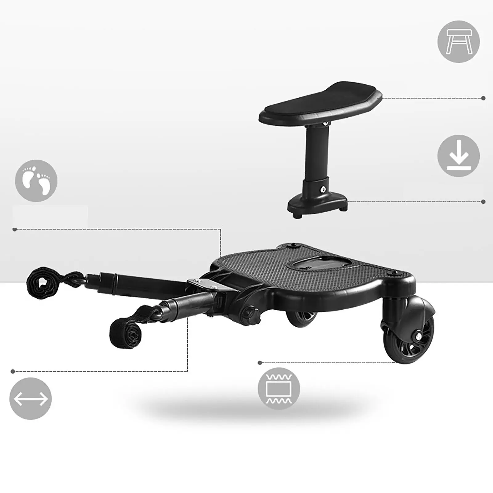 Universal Stroller Board 2 in 1 Removable Seat 55LBS Load PP PU EVA Adjustable Standing Sitting Kids 3-7