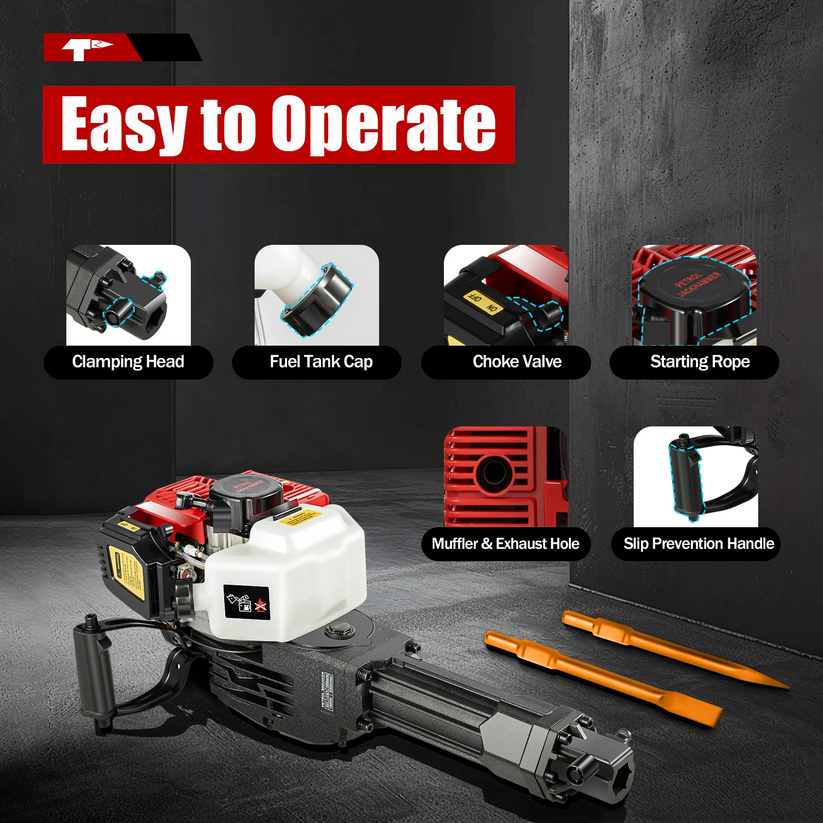 52CC 2-Stroke 1900W Demolition Jack Hammer 20-55J Impact Concrete Breaker Rock Drill with Point Flat Chisel