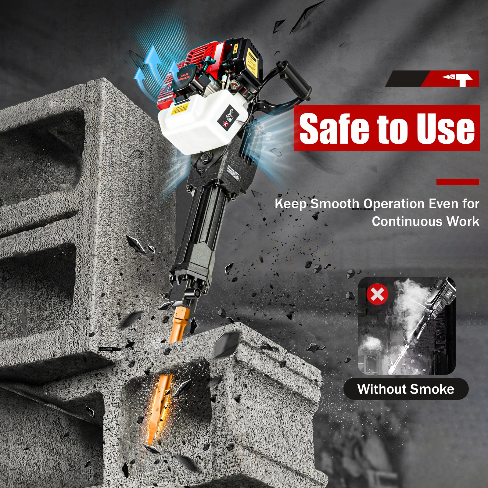 52CC 2-Stroke 1900W Demolition Jack Hammer 20-55J Impact Concrete Breaker Rock Drill with Point Flat Chisel