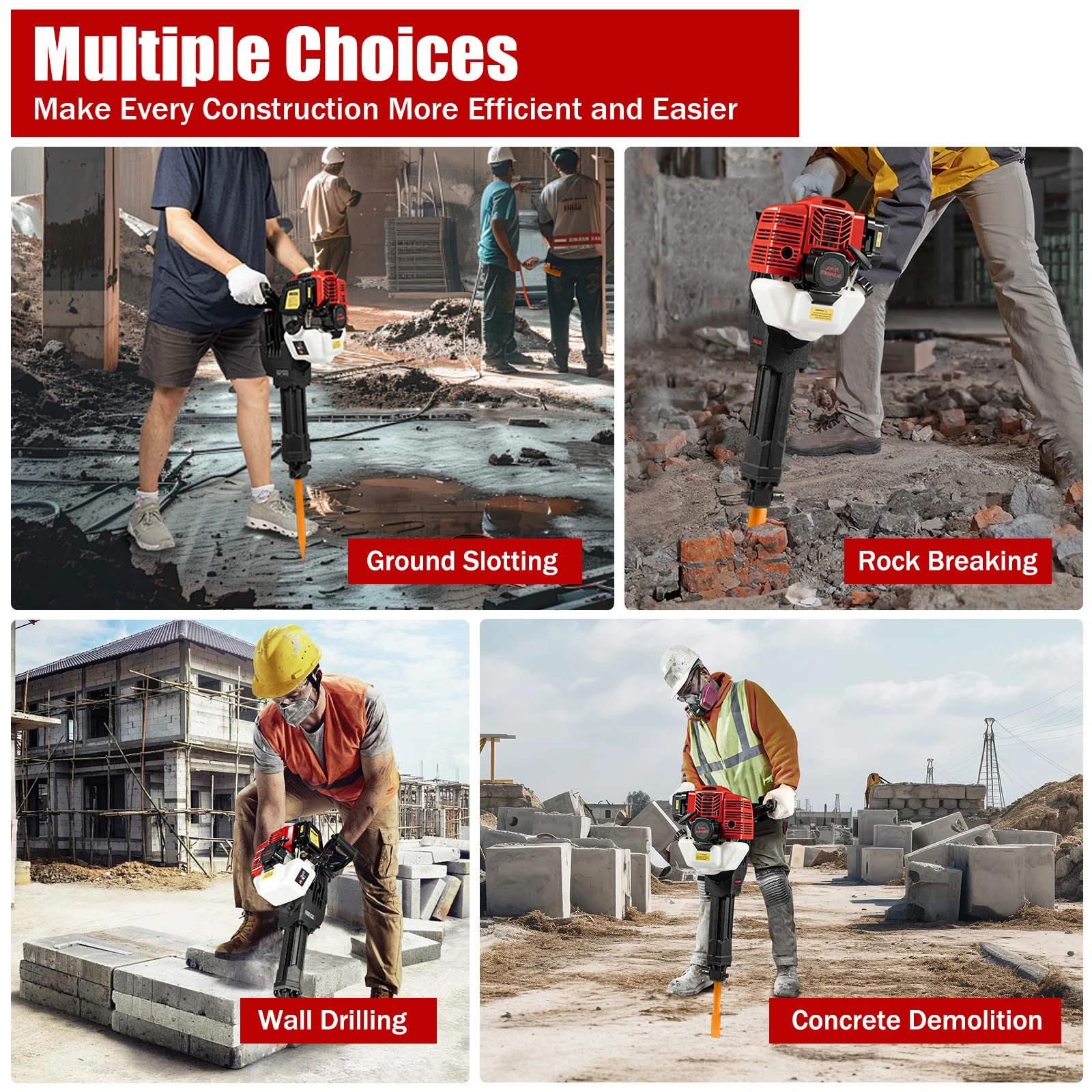 52CC 2-Stroke 1900W Demolition Jack Hammer 20-55J Impact Concrete Breaker Rock Drill with Point Flat Chisel