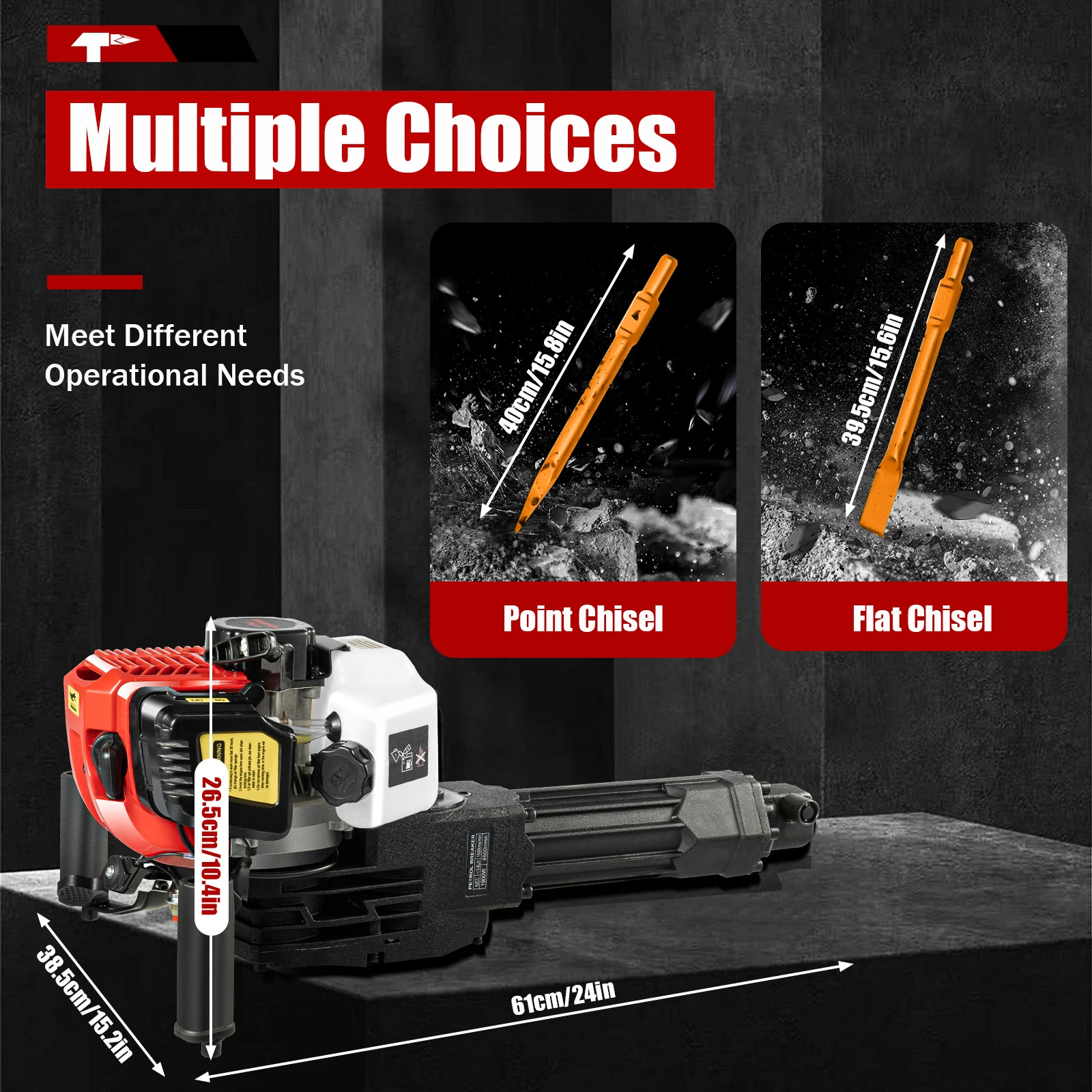 52CC 2-Stroke 1900W Demolition Jack Hammer 20-55J Impact Concrete Breaker Rock Drill with Point Flat Chisel