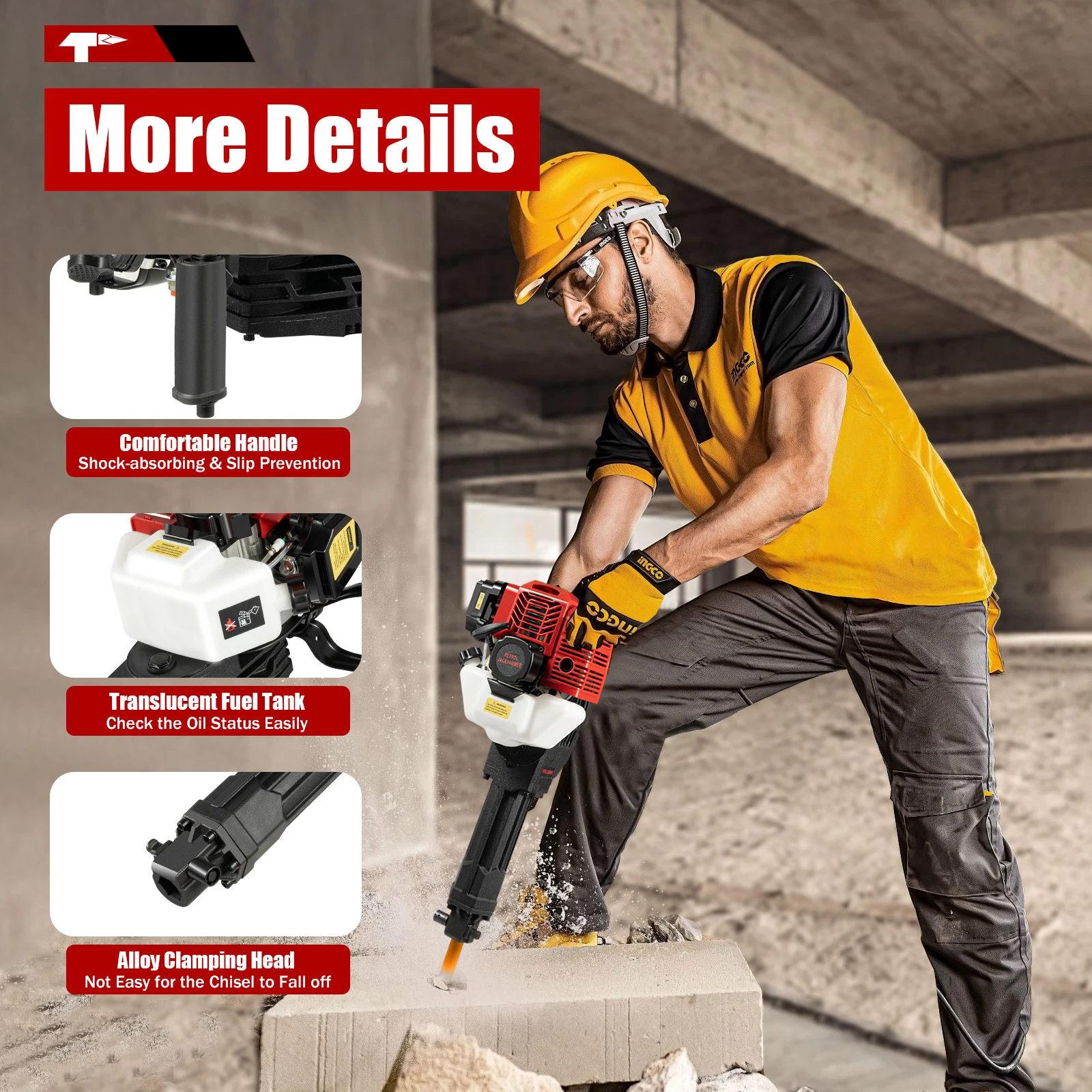 52CC 2-Stroke 1900W Demolition Jack Hammer 20-55J Impact Concrete Breaker Rock Drill with Point Flat Chisel