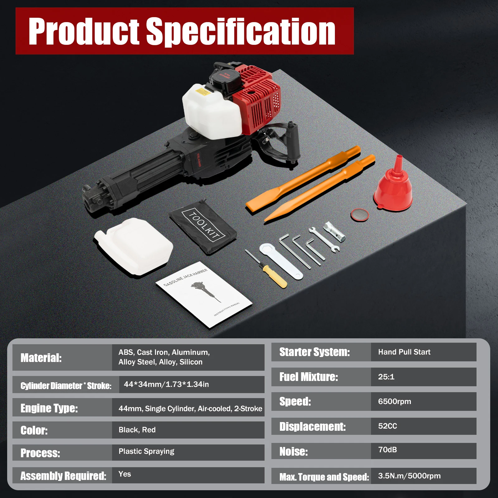 52CC 2-Stroke 1900W Demolition Jack Hammer 20-55J Impact Concrete Breaker Rock Drill with Point Flat Chisel