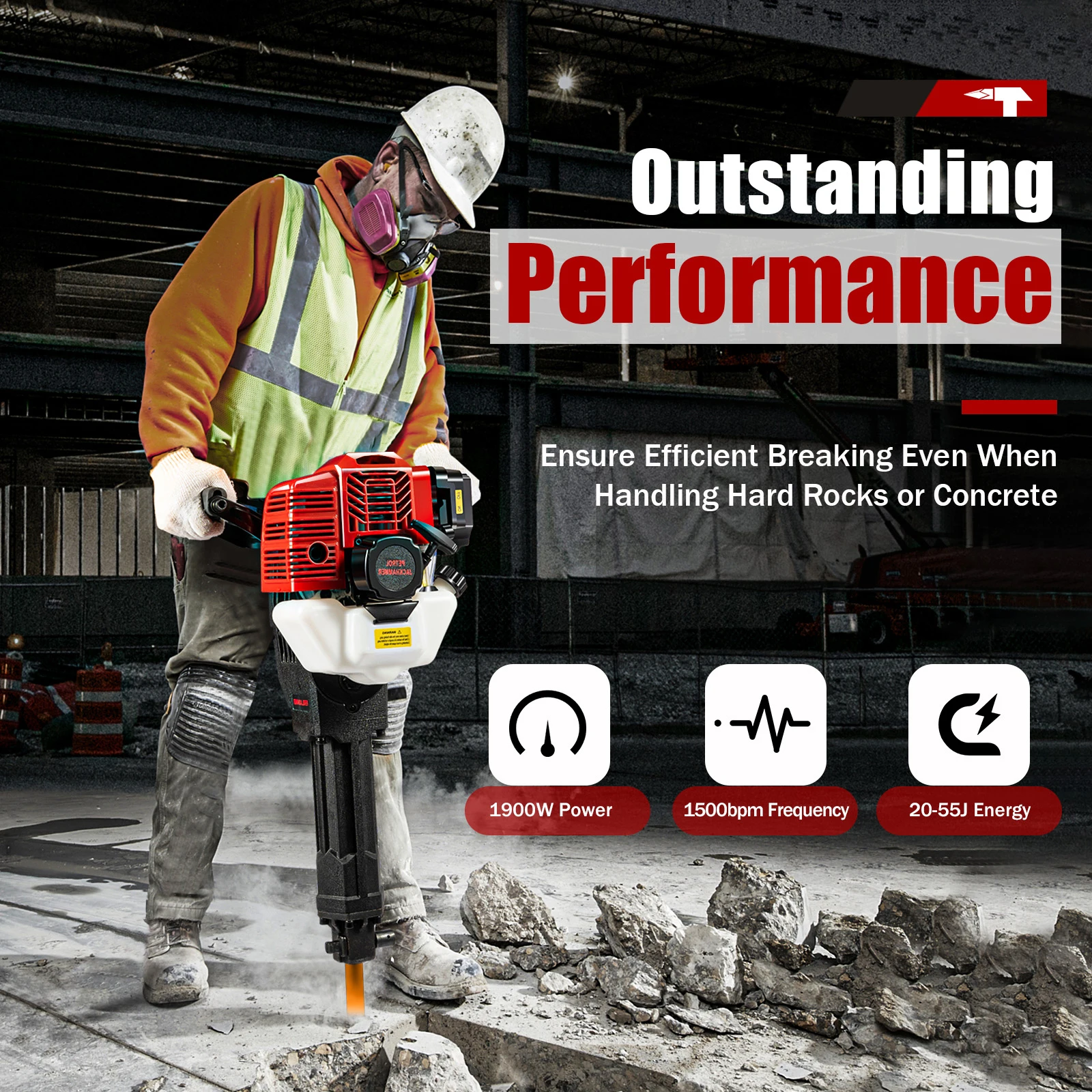 52CC 2-Stroke 1900W Demolition Jack Hammer 20-55J Impact Concrete Breaker Rock Drill with Point Flat Chisel