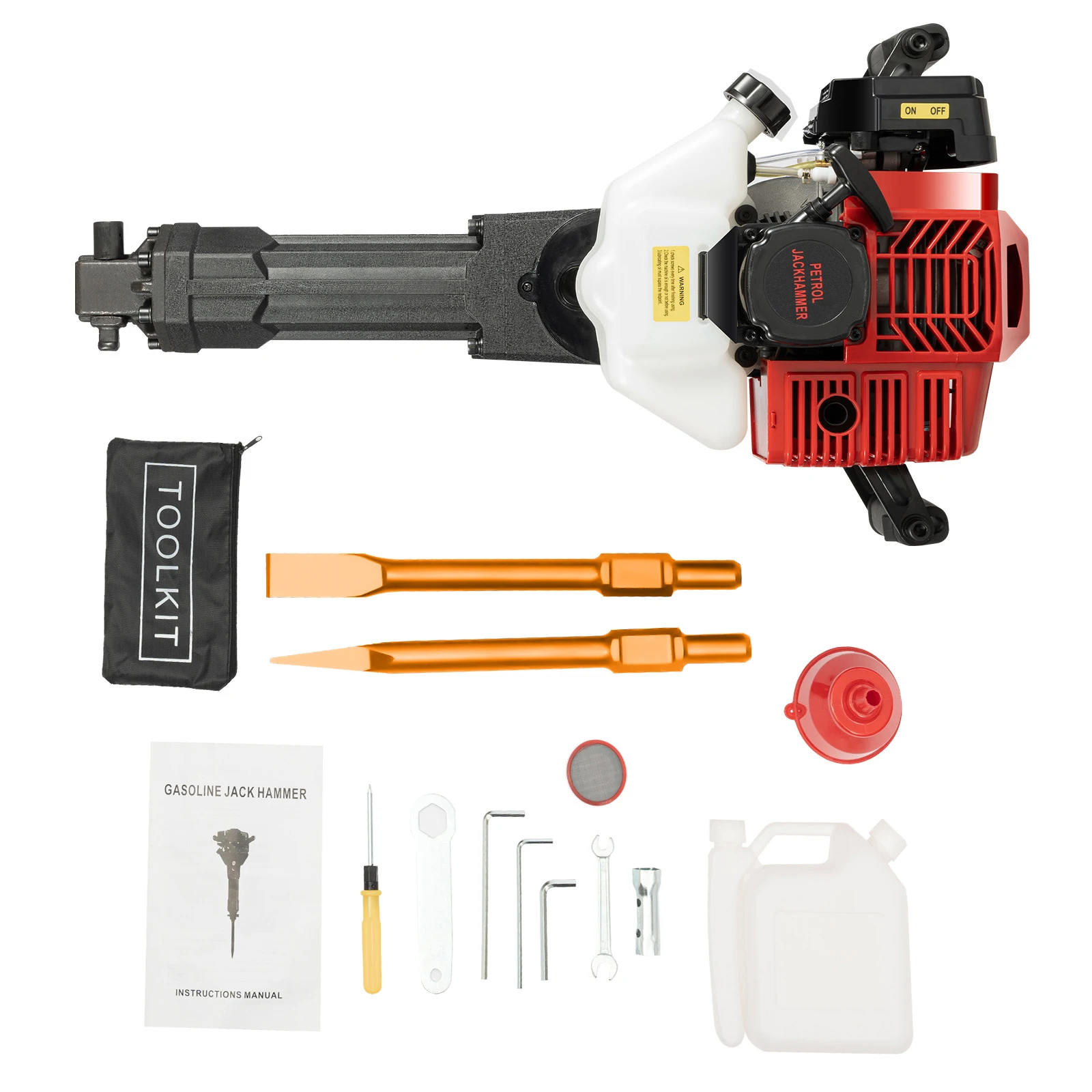 52CC 2-Stroke 1900W Demolition Jack Hammer 20-55J Impact Concrete Breaker Rock Drill with Point Flat Chisel