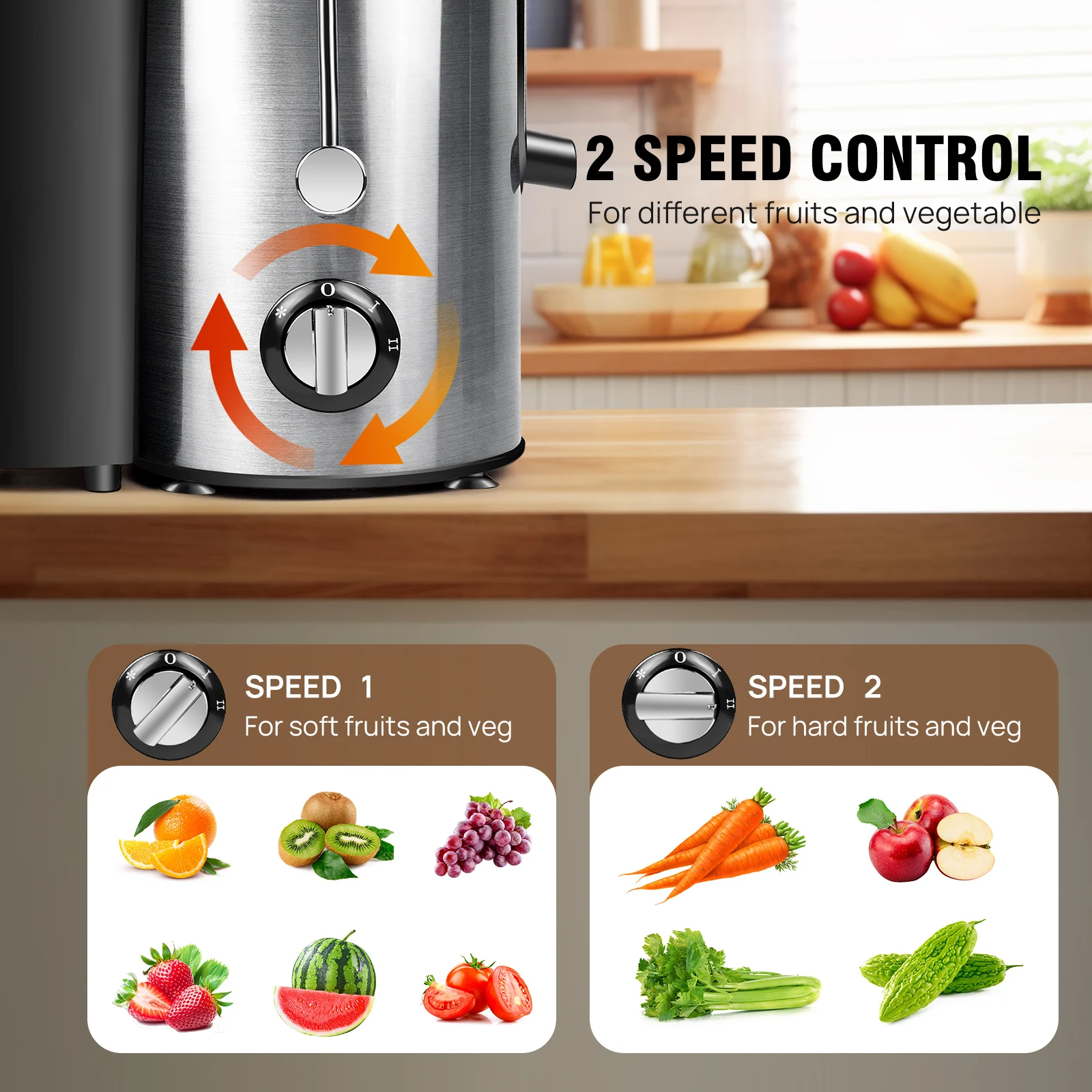 Centrifugal fruit and vegetable juicer, 65mm wide-mouth design, 1000W, rapid juicing, 500ml juice cup
