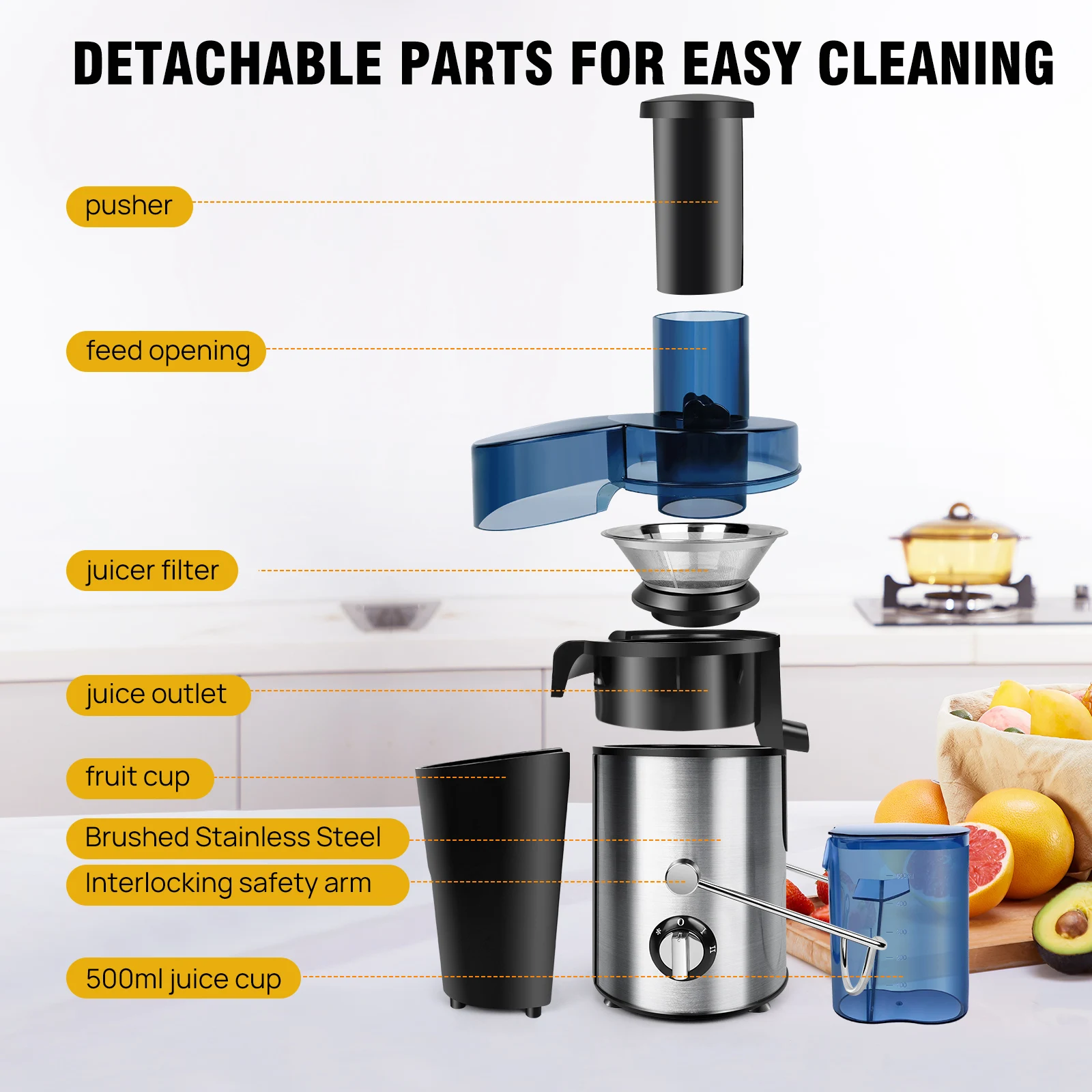 Centrifugal fruit and vegetable juicer, 65mm wide-mouth design, 1000W, rapid juicing, 500ml juice cup