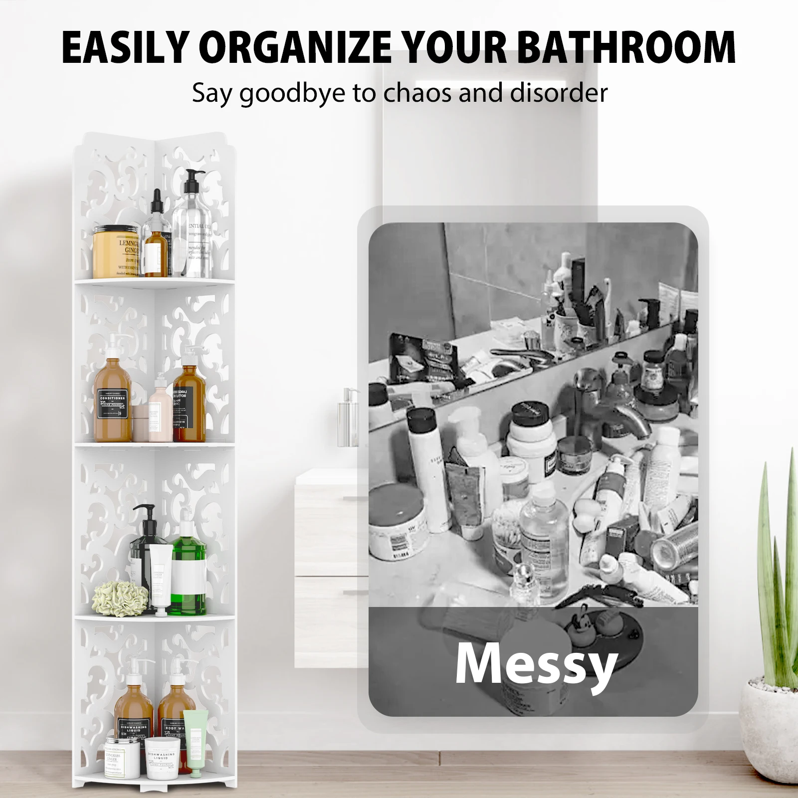 4 Tier Bathroom Corner Cabinet Storage Unit, Floor Standing, PVC Waterproof for Bathroom Living Room