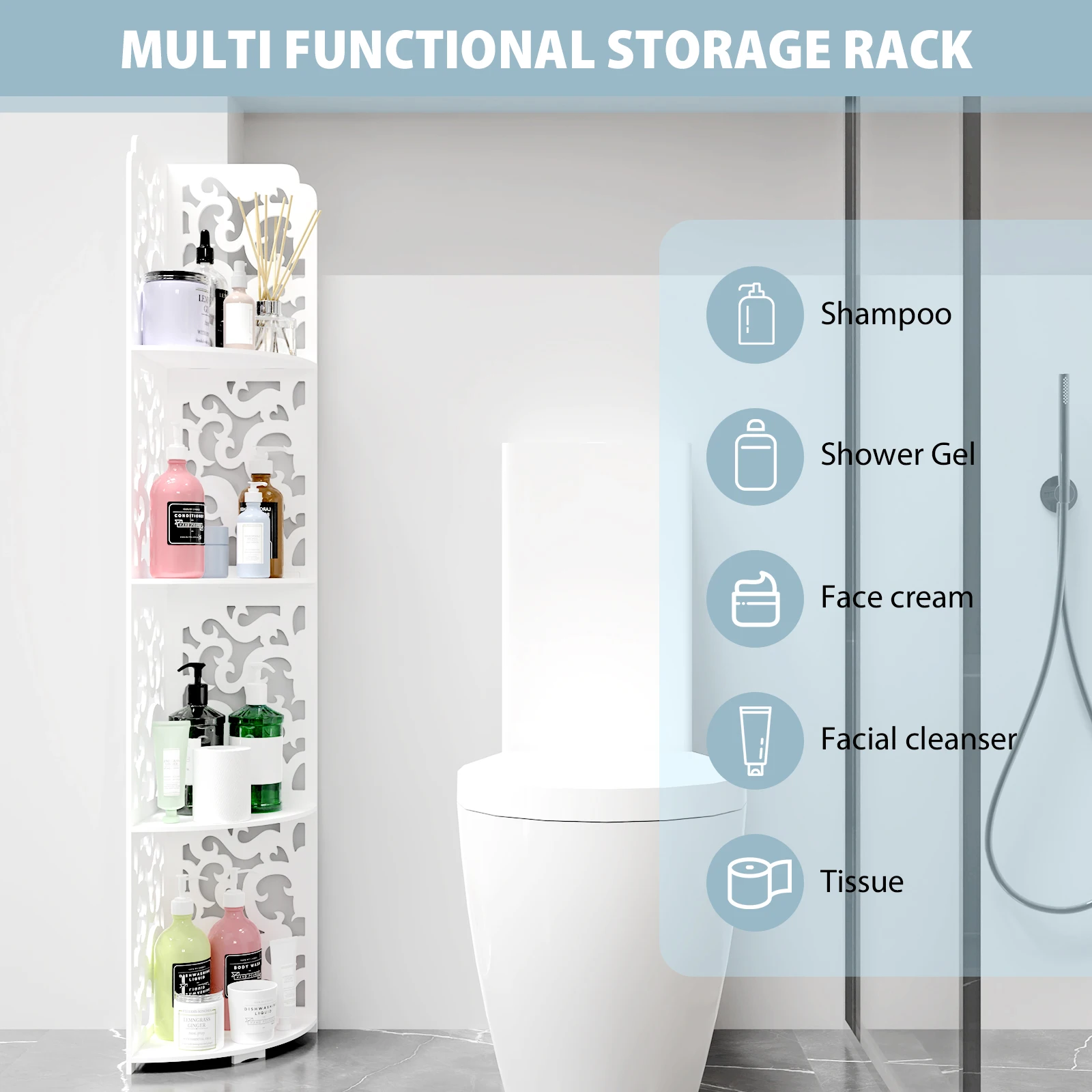 4 Tier Bathroom Corner Cabinet Storage Unit, Floor Standing, PVC Waterproof for Bathroom Living Room