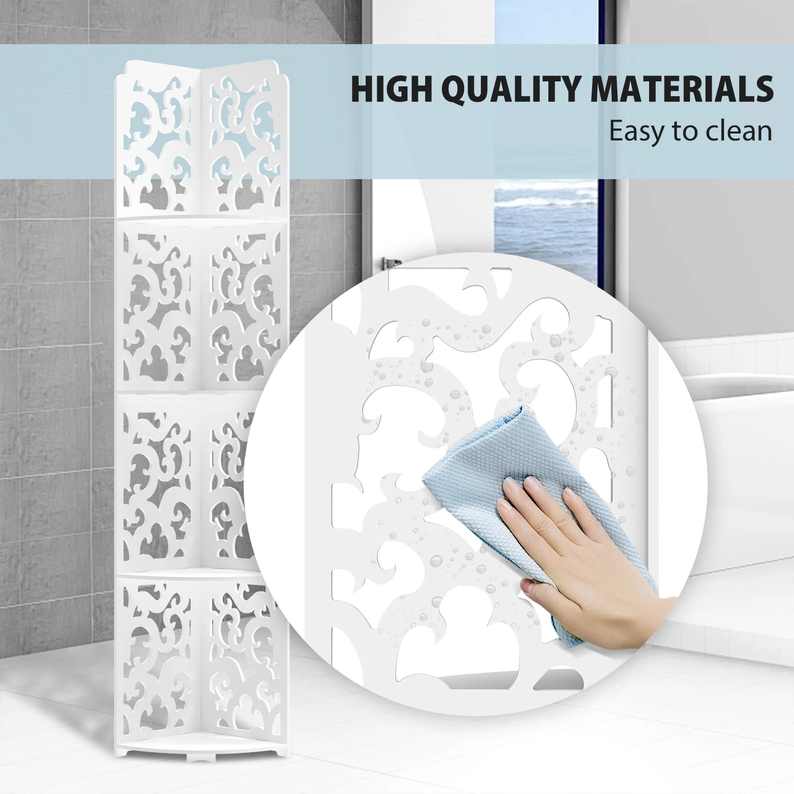 4 Tier Bathroom Corner Cabinet Storage Unit, Floor Standing, PVC Waterproof for Bathroom Living Room