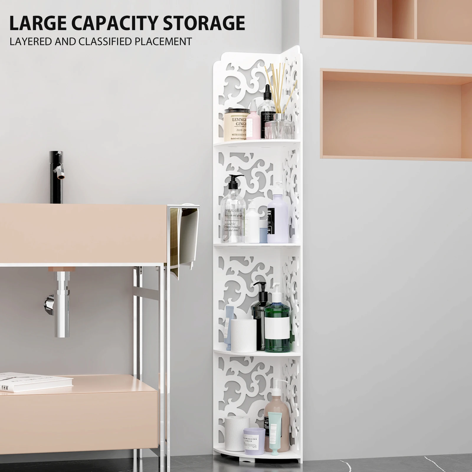 4 Tier Bathroom Corner Cabinet Storage Unit, Floor Standing, PVC Waterproof for Bathroom Living Room