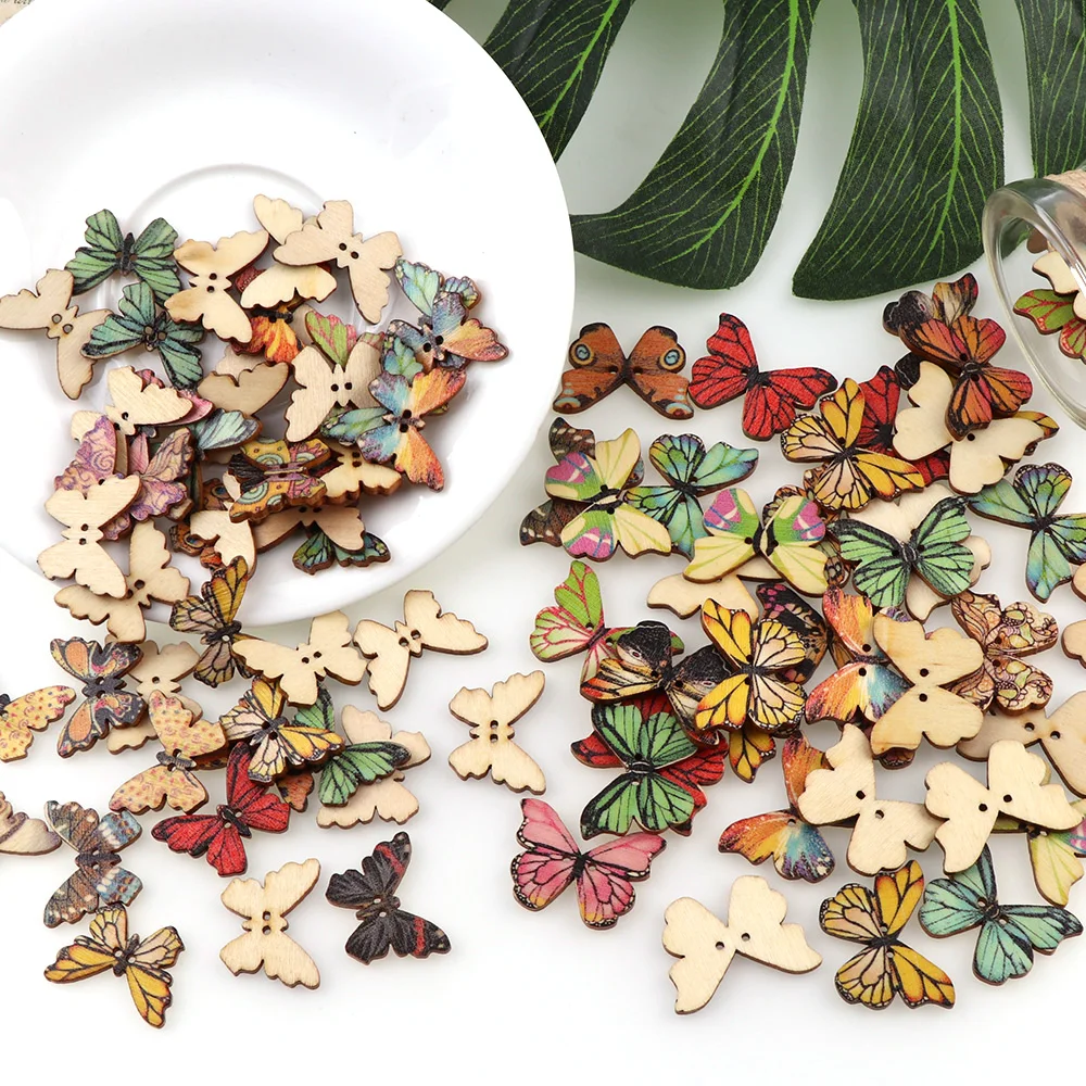 50PC 2 Holes 3 Size Colorful Butterfly Wooden Buttons Fit Sewing And Scrapbooking Sewing Buttons For Craft DIY Mixed