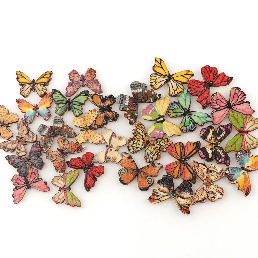 50PC 2 Holes 3 Size Colorful Butterfly Wooden Buttons Fit Sewing And Scrapbooking Sewing Buttons For Craft DIY Mixed