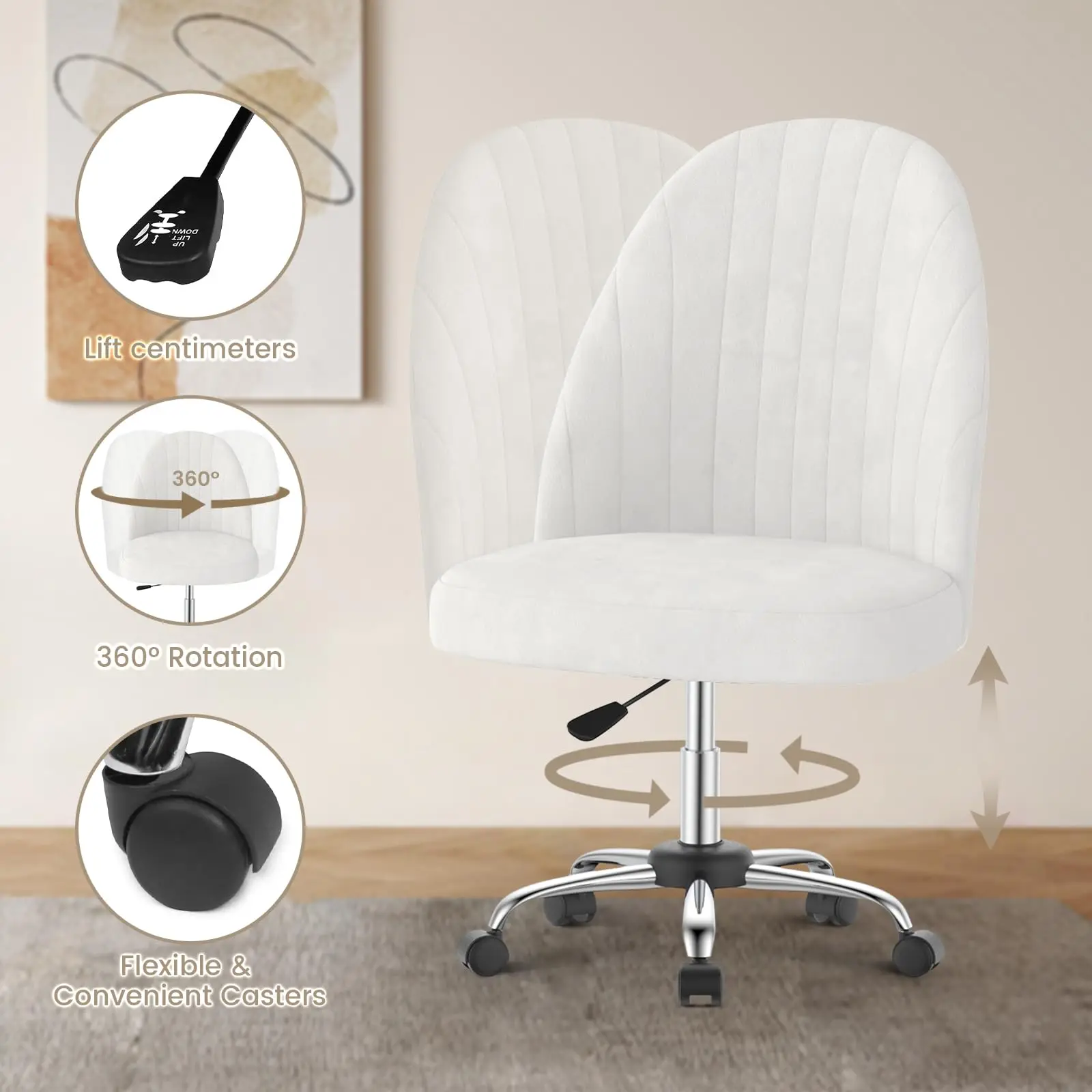 Small Swivel Makeup Vanity Chair Velvet Dressing Table Chairs Comfy Desk Chairs for Bedroom/Home Office Salon Study Stool