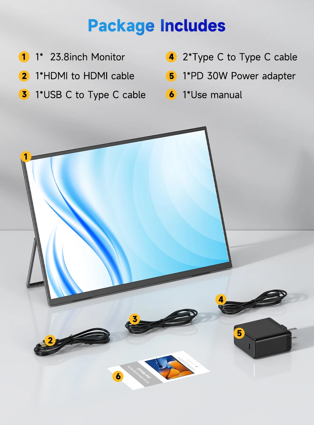 UPERFECT 23.8” 120Hz Portable Computer Monitor 1080P HDR FreeSync Mountable Gaming Display W/ 180° Adjustable Stand USB-C HDMI