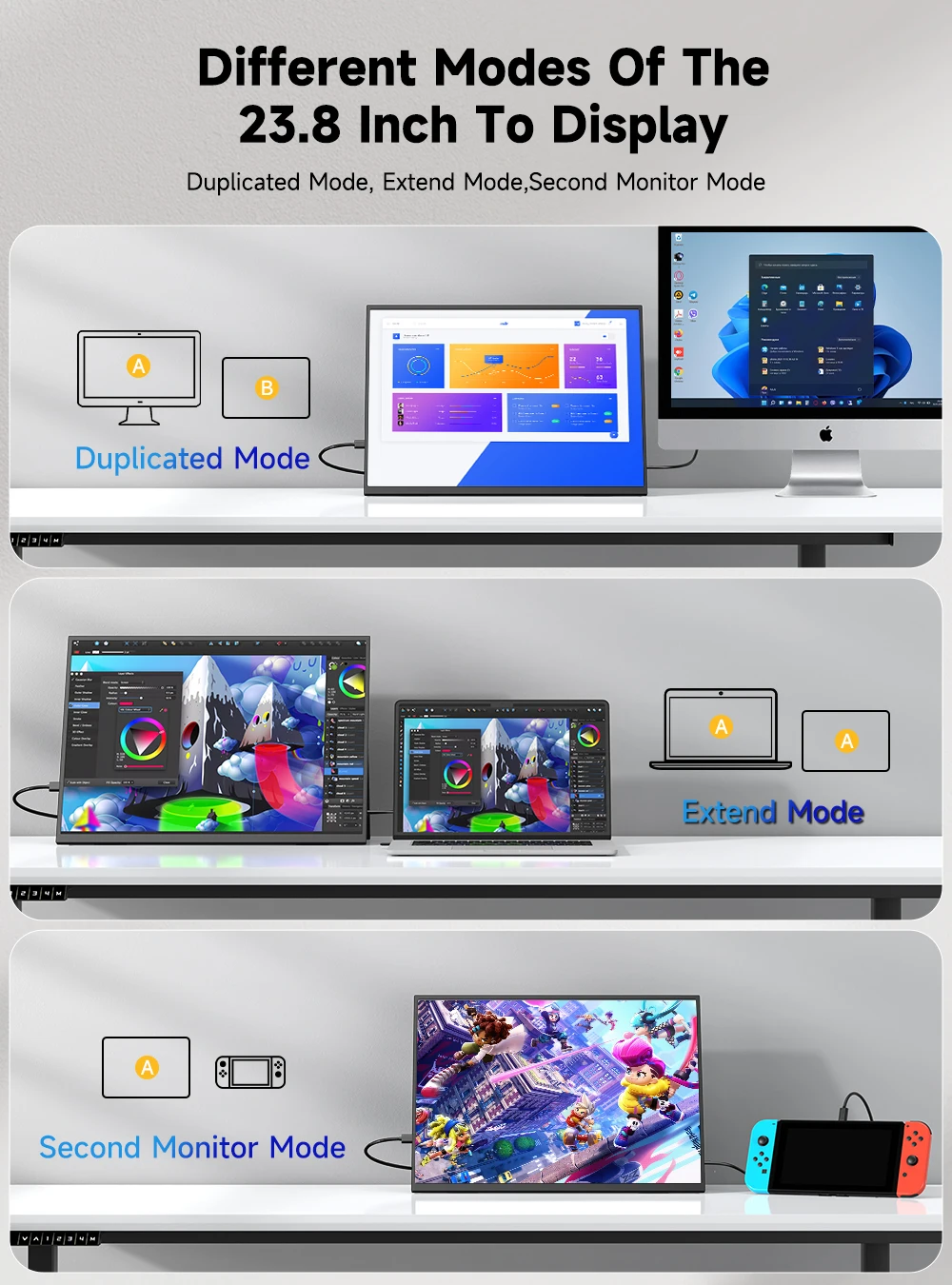 UPERFECT 23.8” 120Hz Portable Computer Monitor 1080P HDR FreeSync Mountable Gaming Display W/ 180° Adjustable Stand USB-C HDMI