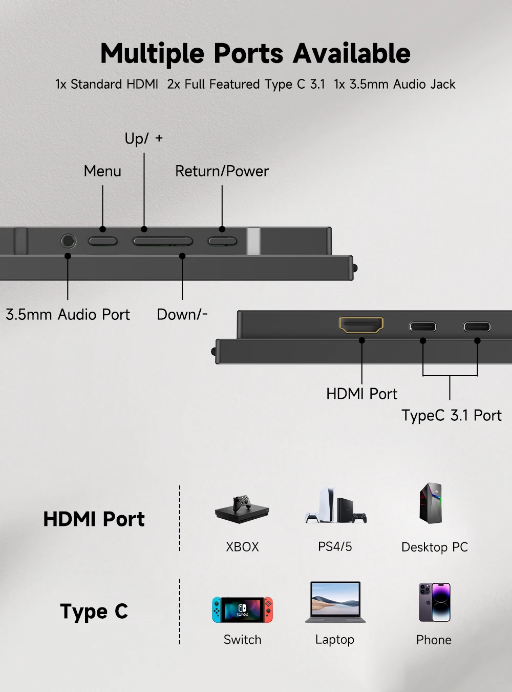 UPERFECT 23.8” 120Hz Portable Computer Monitor 1080P HDR FreeSync Mountable Gaming Display W/ 180° Adjustable Stand USB-C HDMI