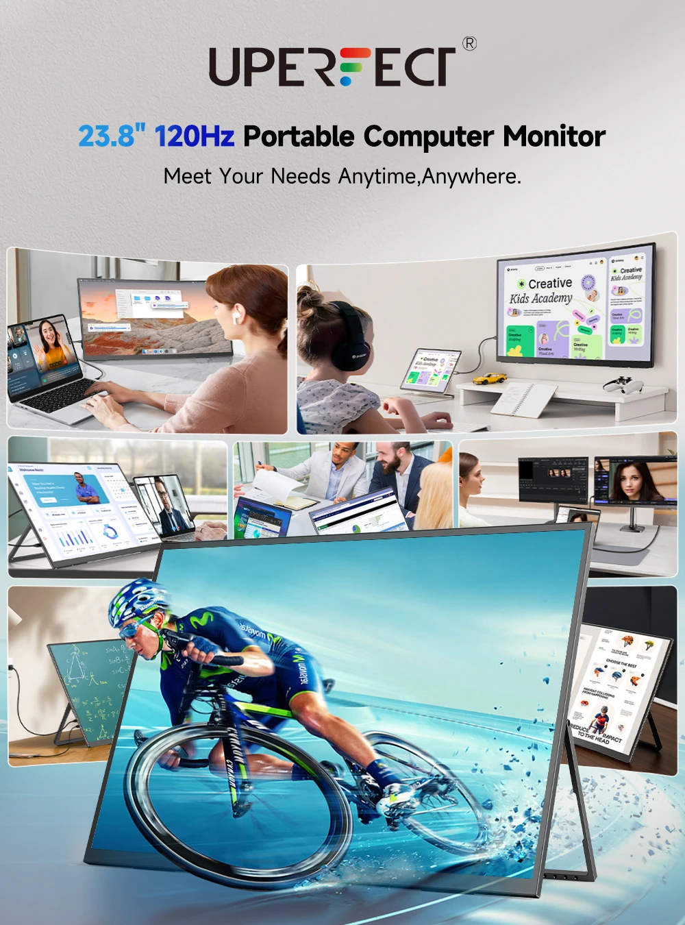 UPERFECT 23.8” 120Hz Portable Computer Monitor 1080P HDR FreeSync Mountable Gaming Display W/ 180° Adjustable Stand USB-C HDMI