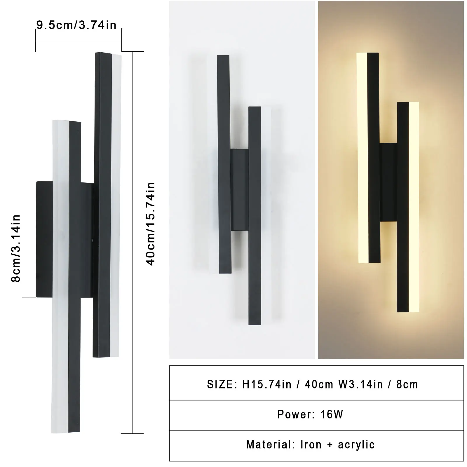 16W LED Wall Lights,Modern Black Long Wall Sconces Fixtures Acrylic for Living Room Hallway Balcony,Warm Light 3000K
