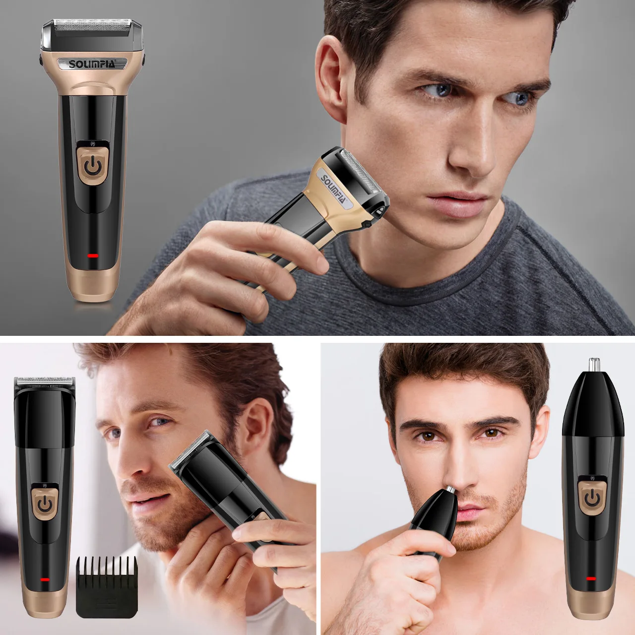 Solimpia 3-in-1 Electric Shaver Men‘s USB Rechargeable Double Blade Pop-Up Powerful Motor Beard Nose Hair Trimmer Floating Head