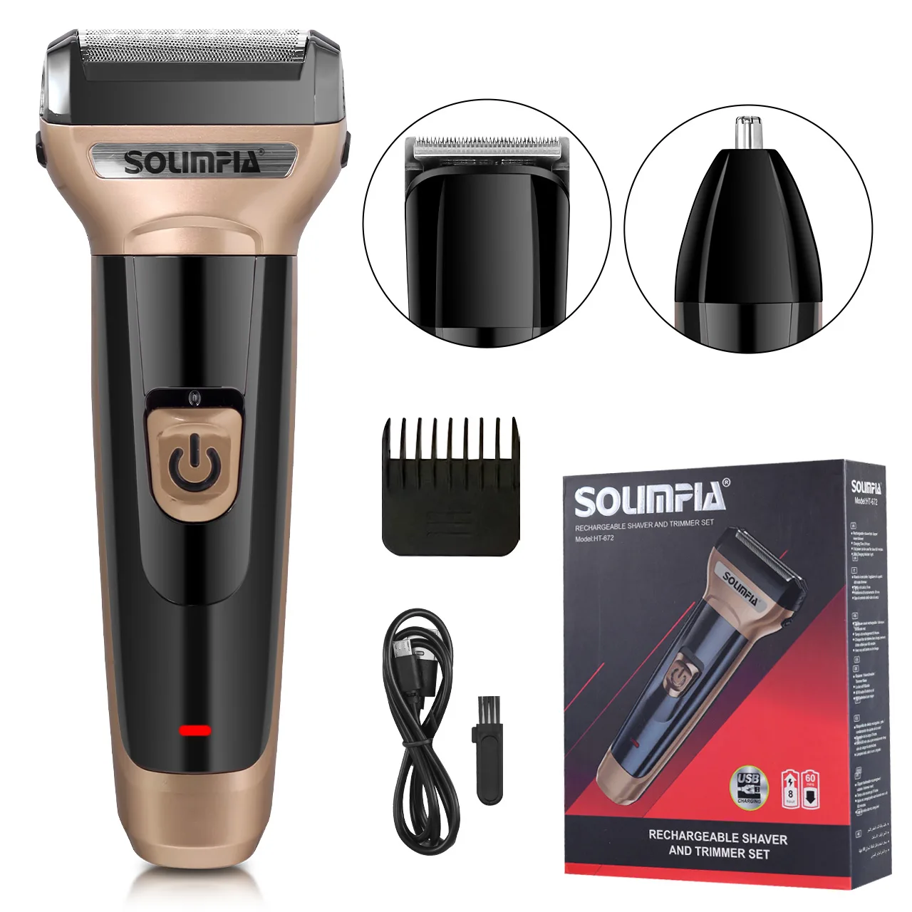 Solimpia 3-in-1 Electric Shaver Men‘s USB Rechargeable Double Blade Pop-Up Powerful Motor Beard Nose Hair Trimmer Floating Head