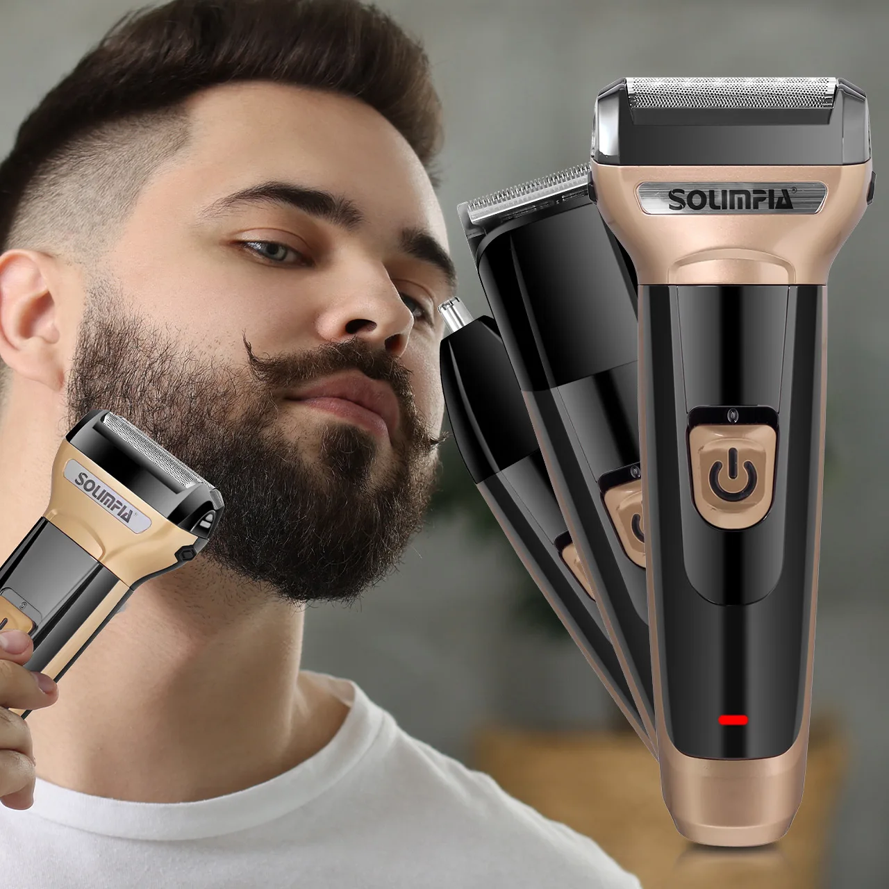 Solimpia 3-in-1 Electric Shaver Men‘s USB Rechargeable Double Blade Pop-Up Powerful Motor Beard Nose Hair Trimmer Floating Head