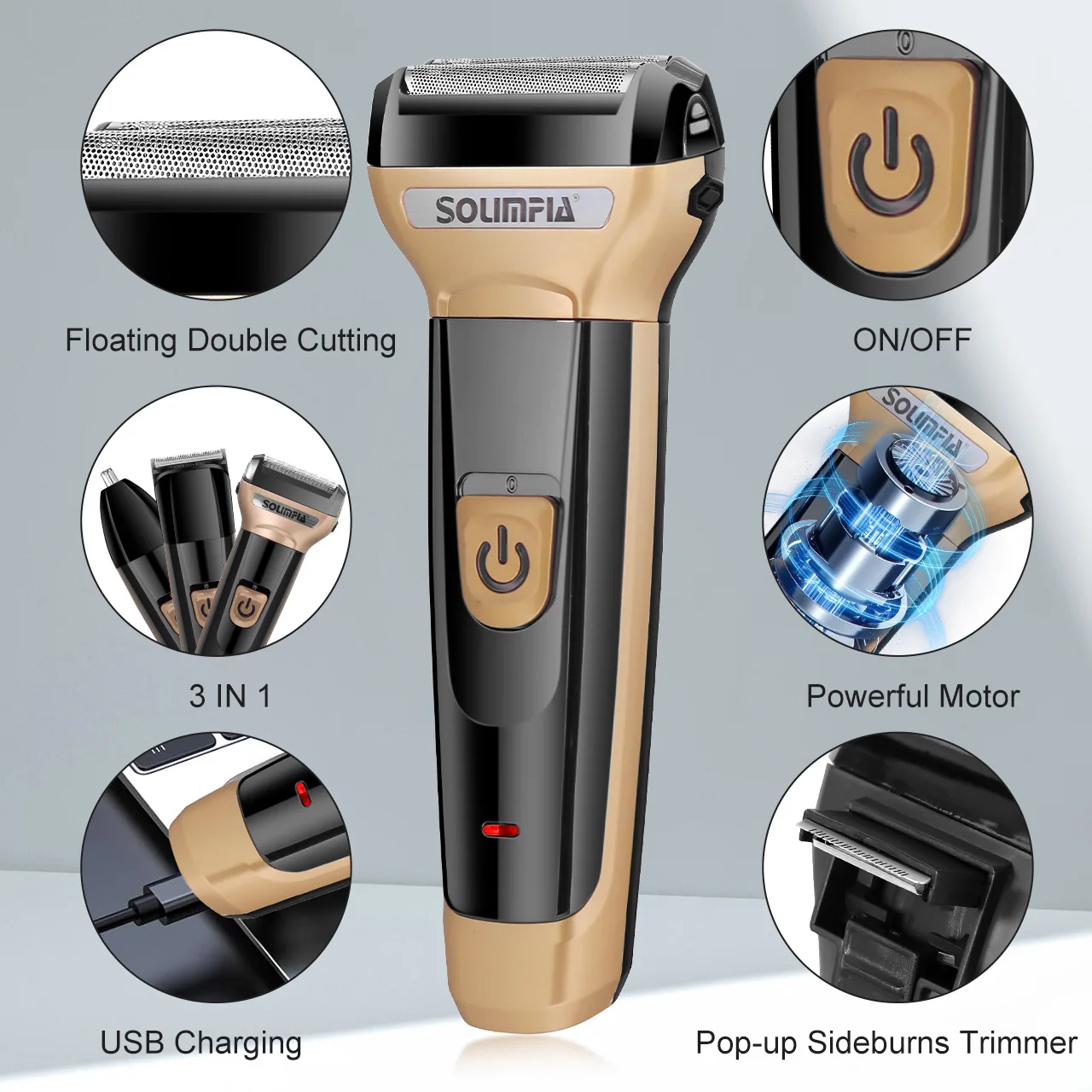 Solimpia 3-in-1 Electric Shaver Men‘s USB Rechargeable Double Blade Pop-Up Powerful Motor Beard Nose Hair Trimmer Floating Head