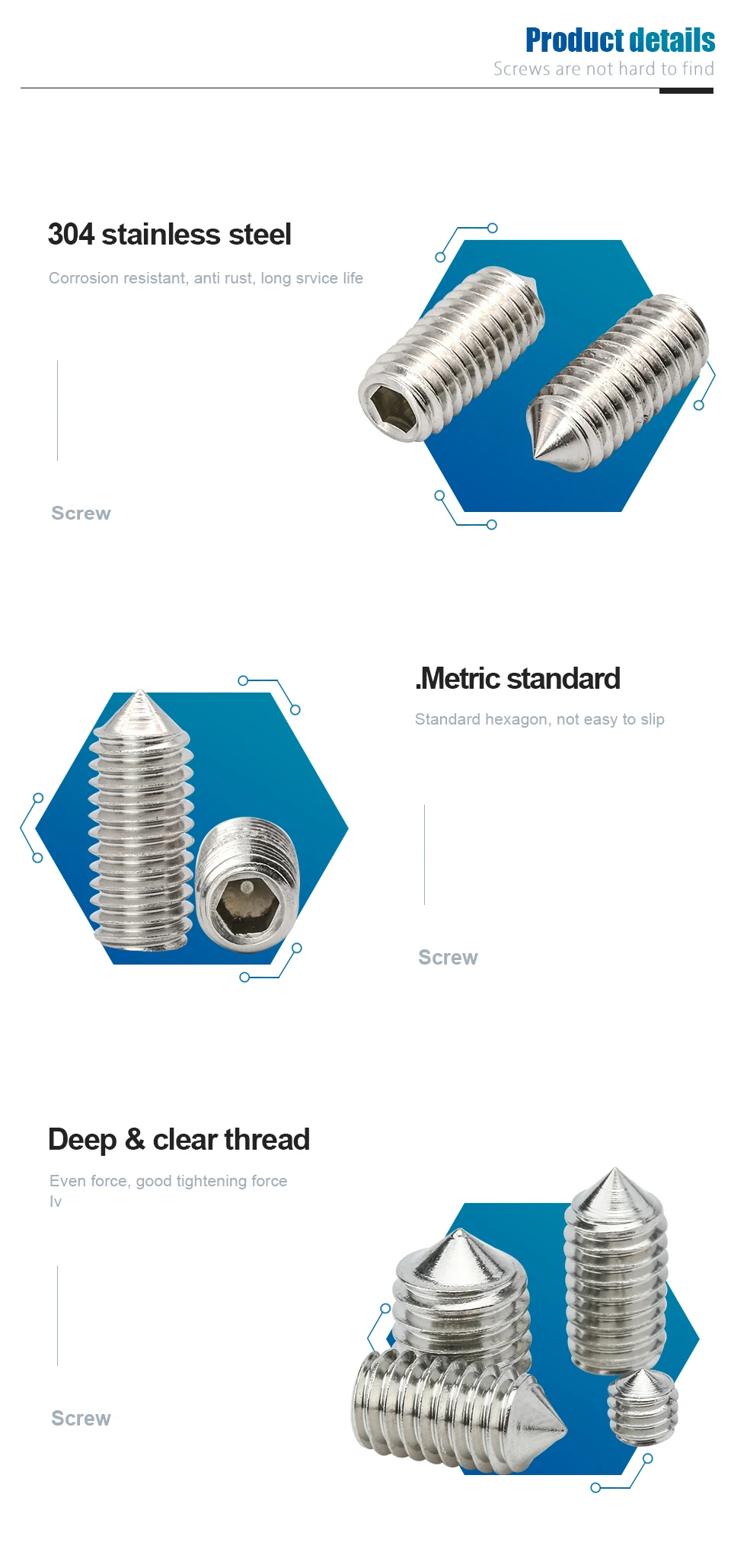 2-50pcs/pack Hexagon Socket Set Screw Cone Point M2 M2.5 M3 M4 M5 M6 M8 M10 M12 304 Stainless Steel Headless Allen Set Screw