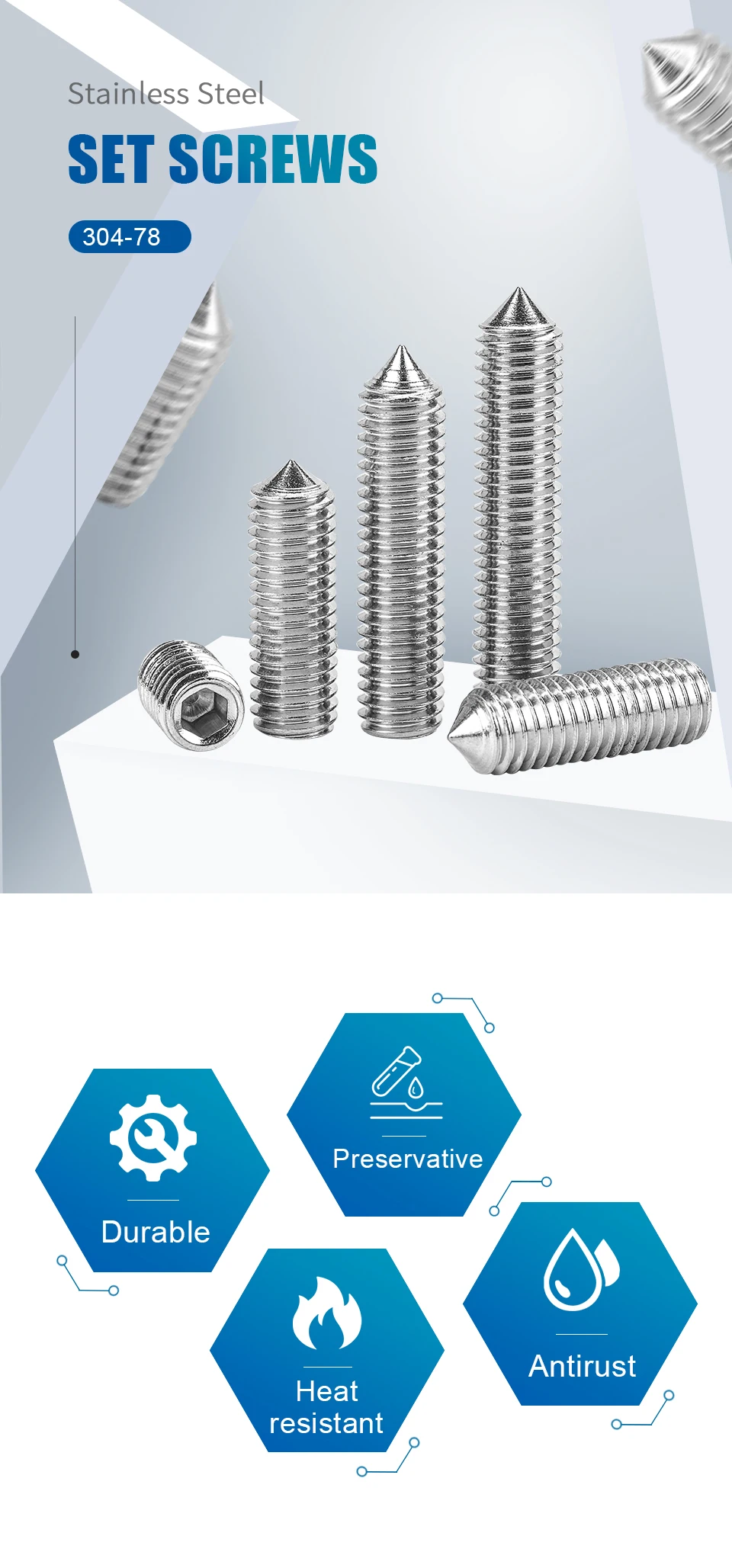 2-50pcs/pack Hexagon Socket Set Screw Cone Point M2 M2.5 M3 M4 M5 M6 M8 M10 M12 304 Stainless Steel Headless Allen Set Screw
