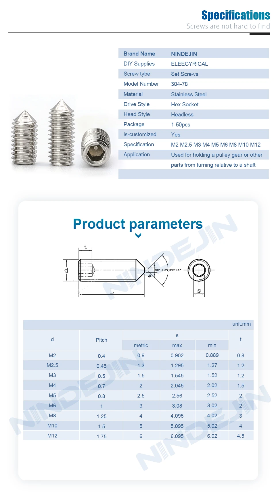 2-50pcs/pack Hexagon Socket Set Screw Cone Point M2 M2.5 M3 M4 M5 M6 M8 M10 M12 304 Stainless Steel Headless Allen Set Screw