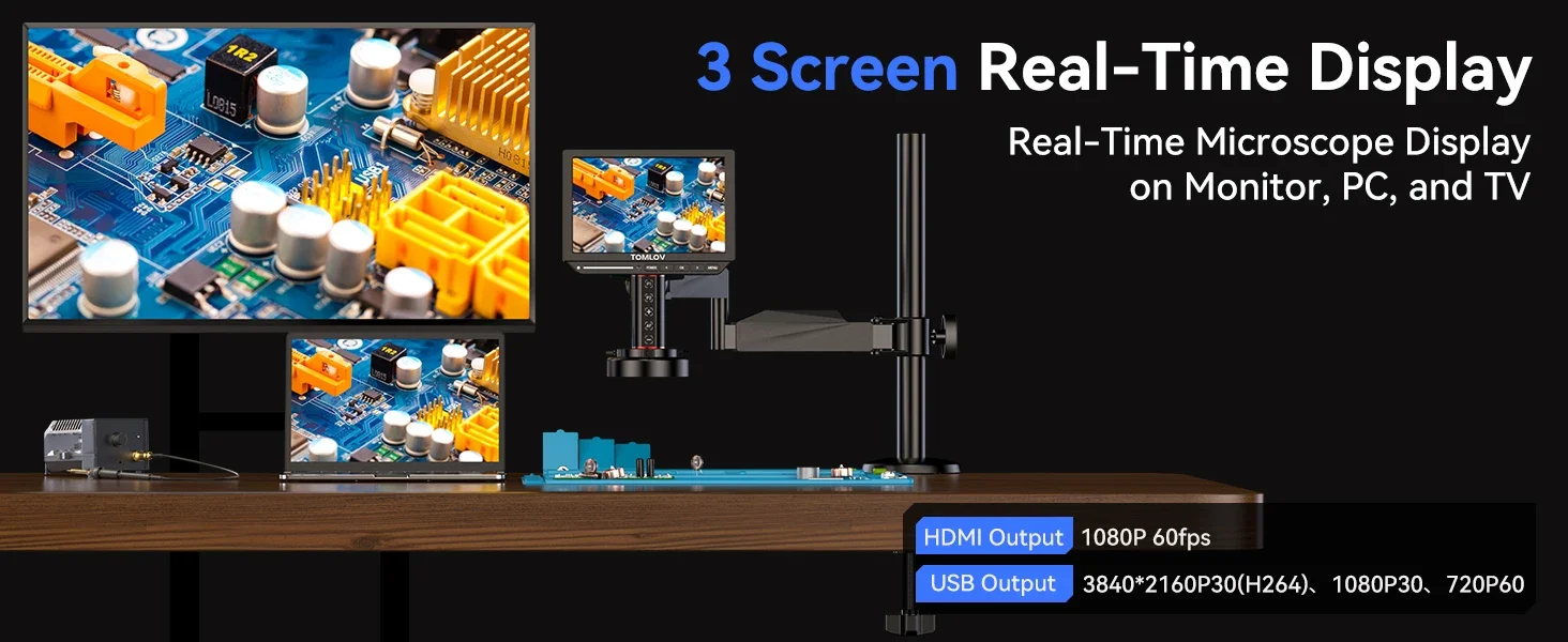 TOMLOV 4K Digital Microscope Autofocus 2000X 8" TM4K-AF Flex Arm HDMI Electronics Soldering Microscope for Mobile Phone Repair