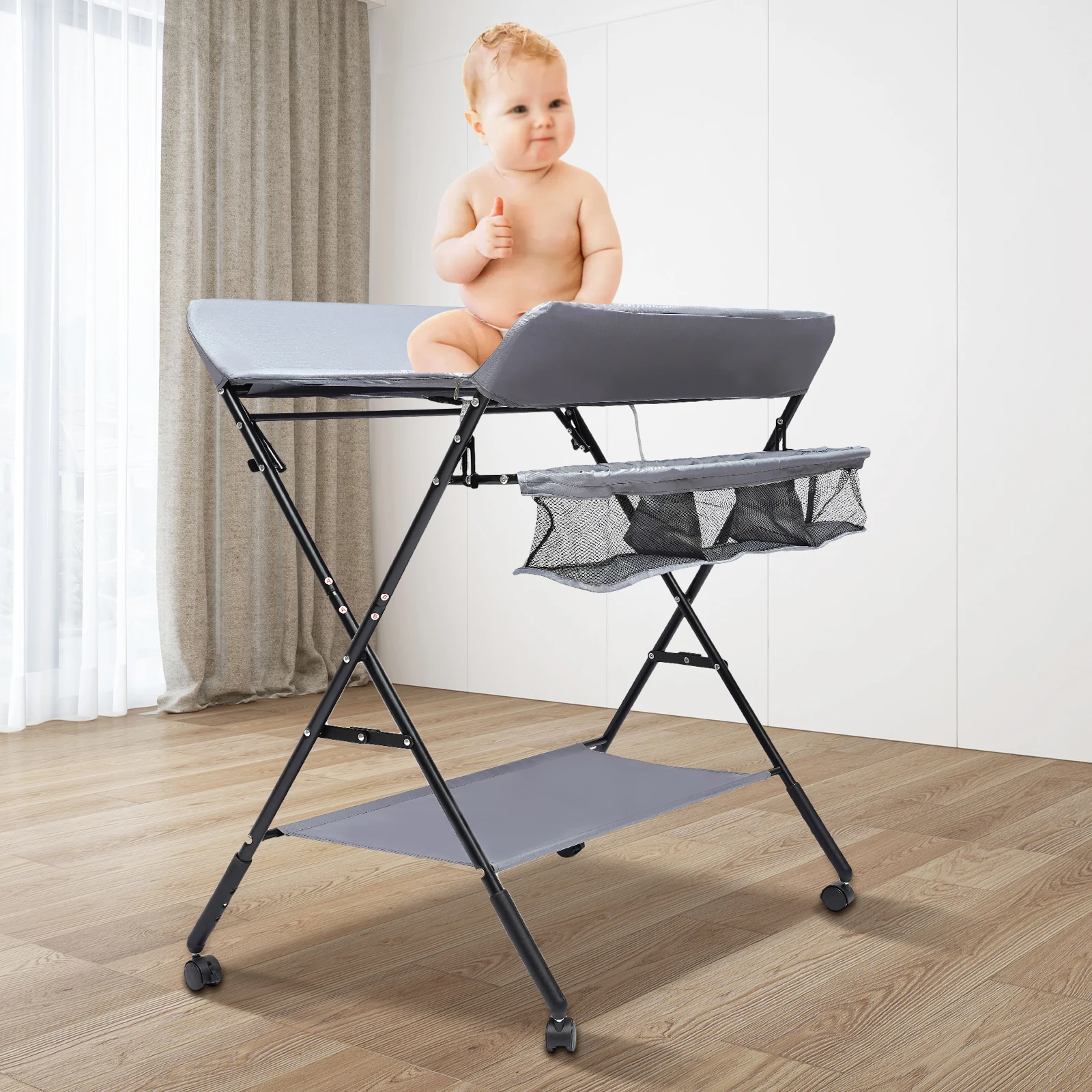 Foldable Baby Changing Table with Storage Portable Diaper Station Nursery Organizer 55 lbs Capacity for Infants 0-12 Months