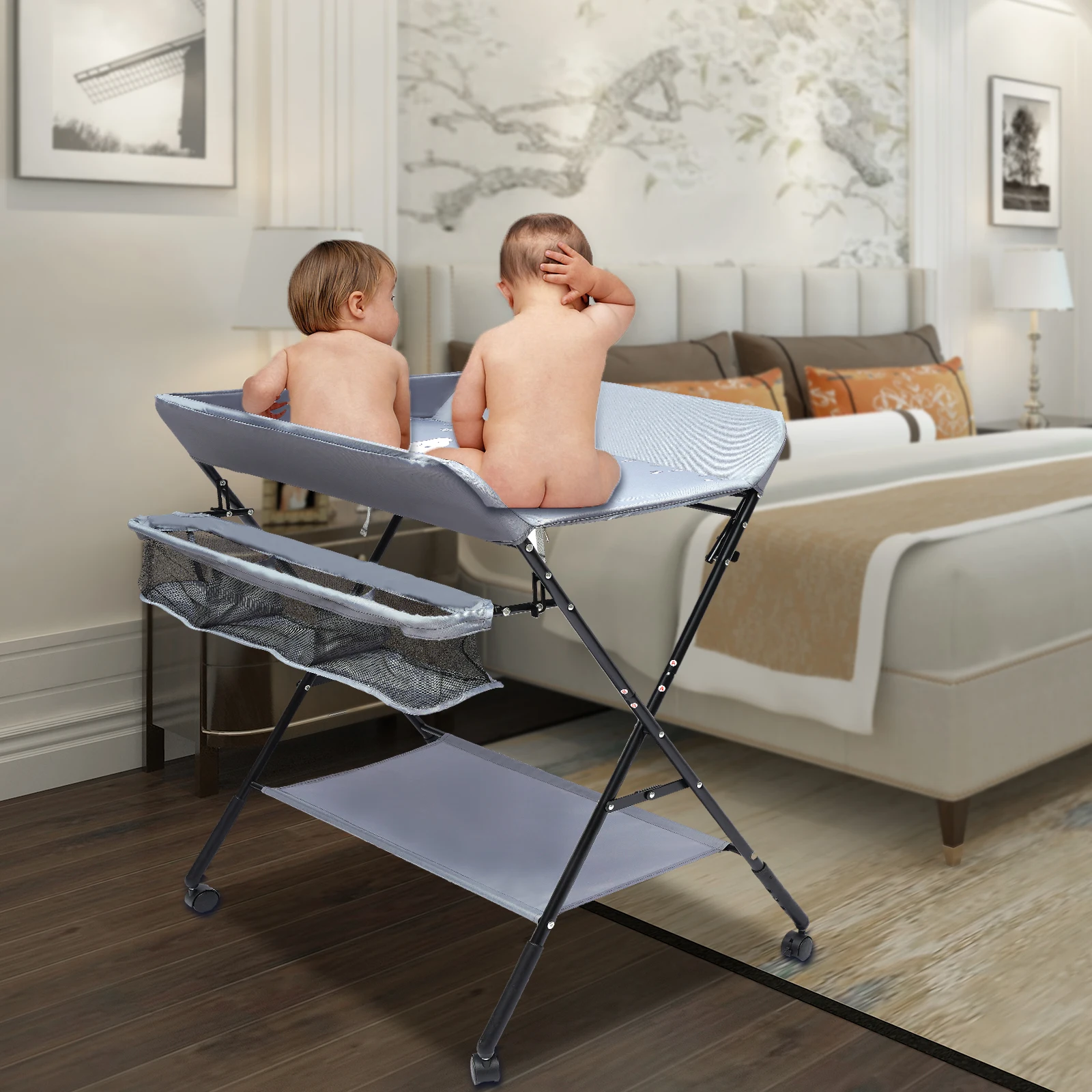 Foldable Baby Changing Table with Storage Portable Diaper Station Nursery Organizer 55 lbs Capacity for Infants 0-12 Months
