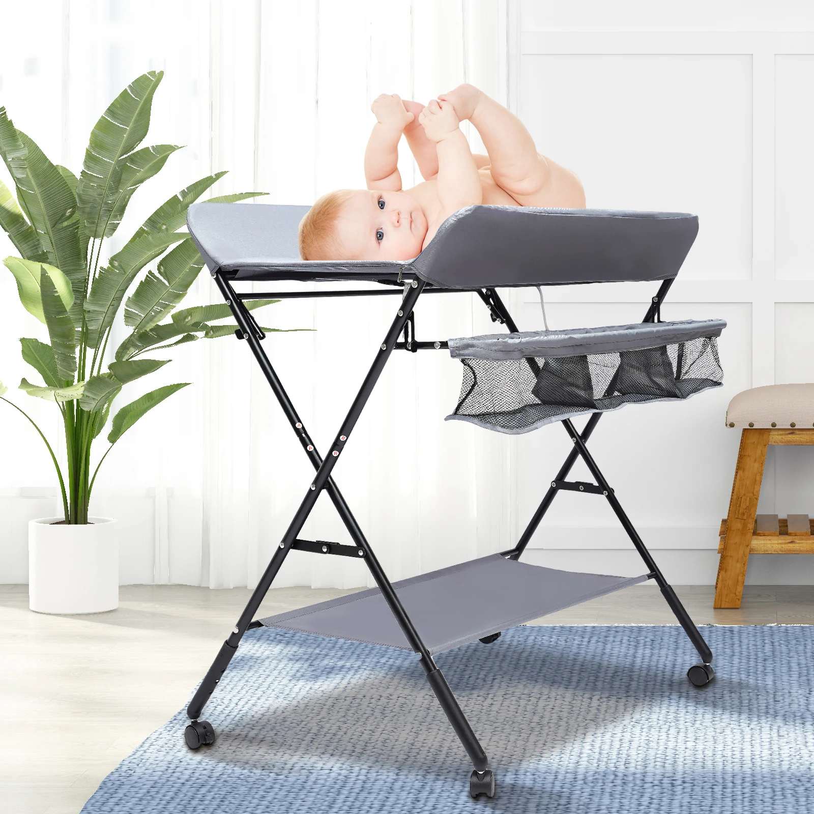 Foldable Baby Changing Table with Storage Portable Diaper Station Nursery Organizer 55 lbs Capacity for Infants 0-12 Months