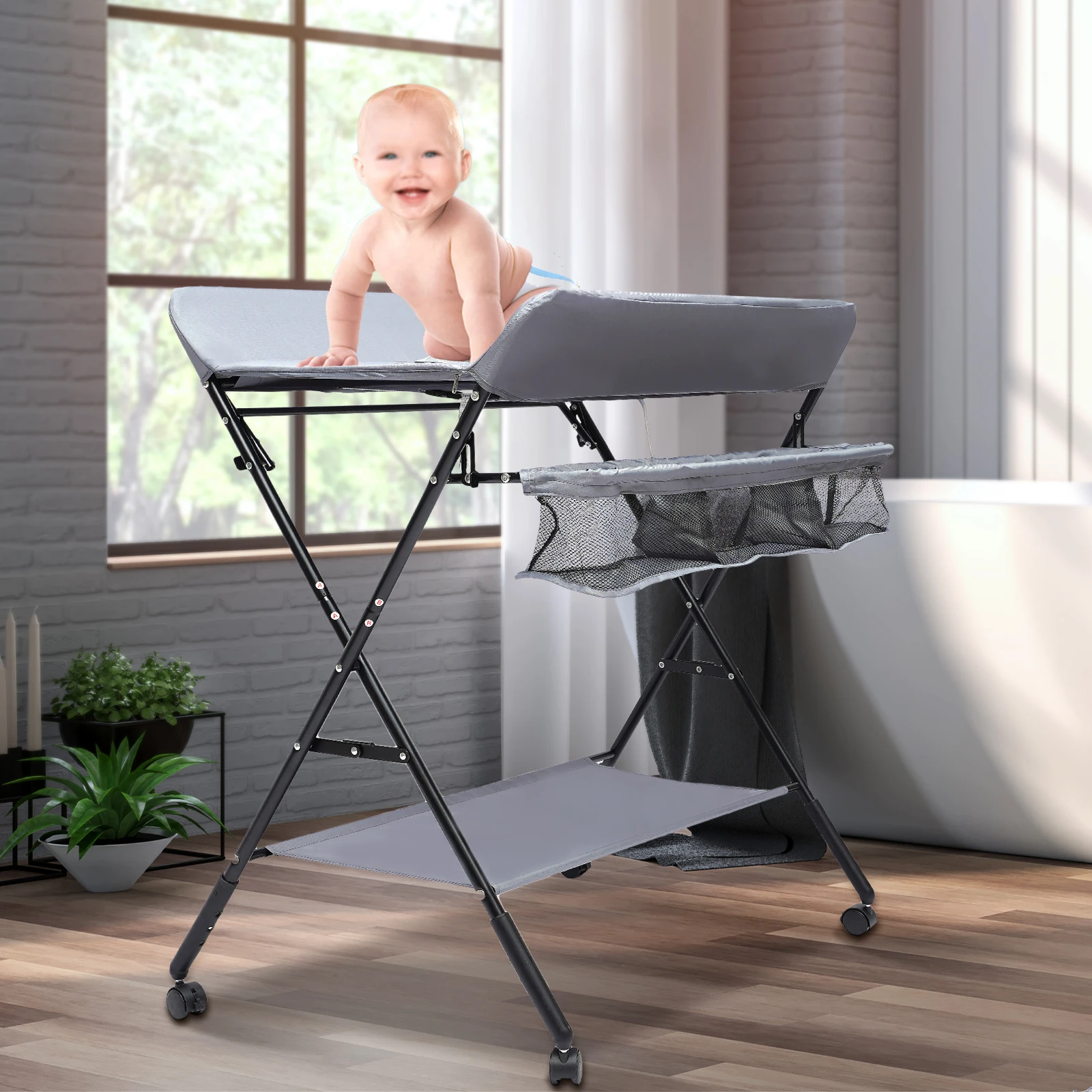 Foldable Baby Changing Table with Storage Portable Diaper Station Nursery Organizer 55 lbs Capacity for Infants 0-12 Months