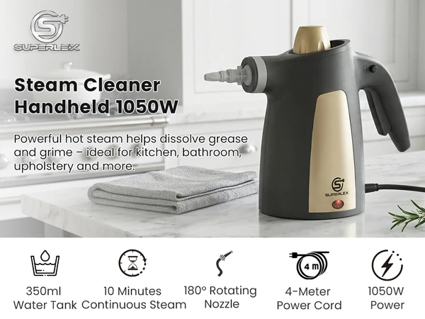SUPERLEX Handheld Steam Cleaner 1050W 12-In-1 Multi Purpose Portable Steam Cleaning Machine, 350ML Tank High Temperature Chemical-Free Steamer with 12 Piece Accessories, For Kitchen Sofa Carpet Window Home & Car Deep Cleaning