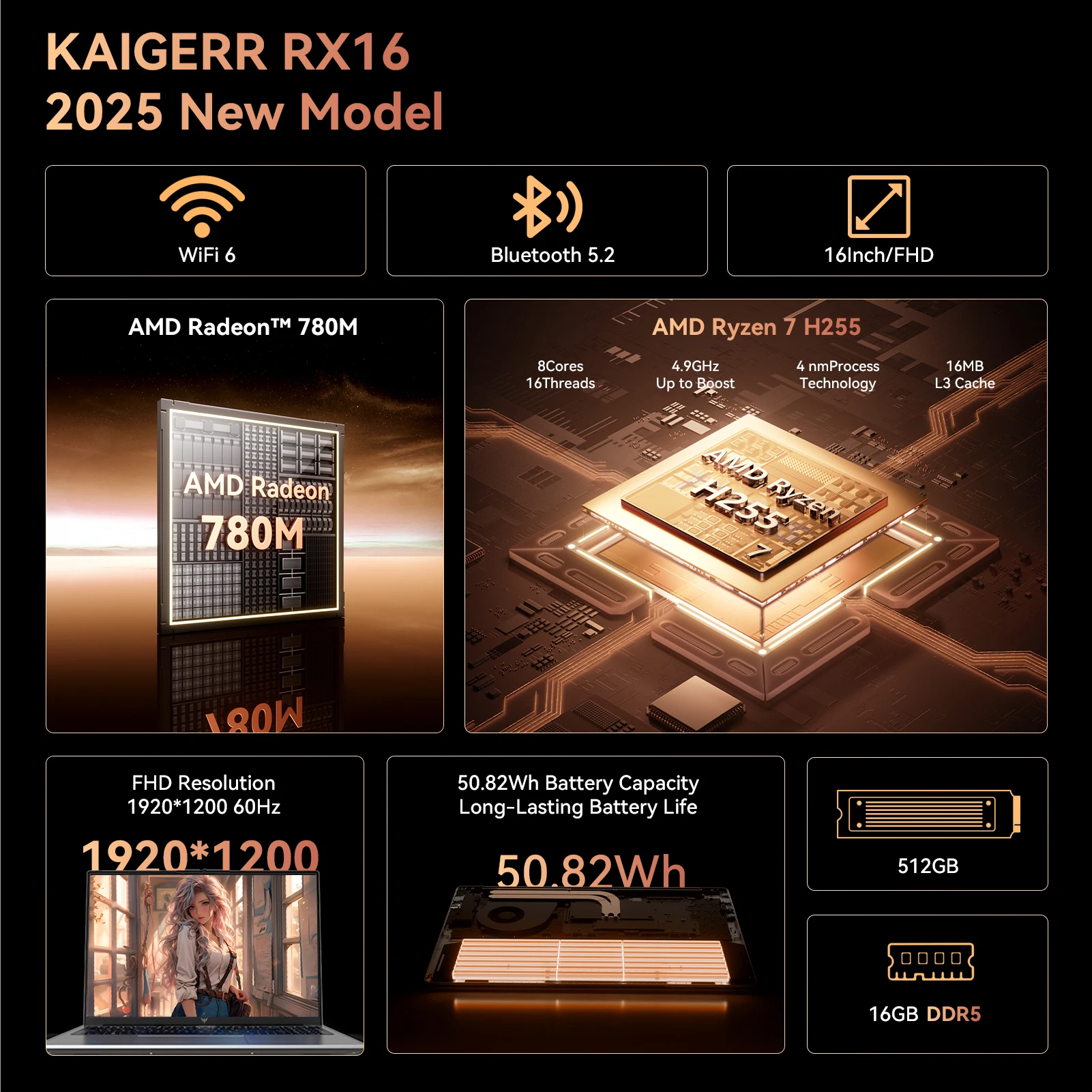 KAMRUI RX16 AMD Ryzen7 H255 Laptop Windows 11 PRO 16 in IPS 16GB DDR5 512GB NVMe SSD Backlit Numeric Keyboard Wifi6 BT5.2 Computer