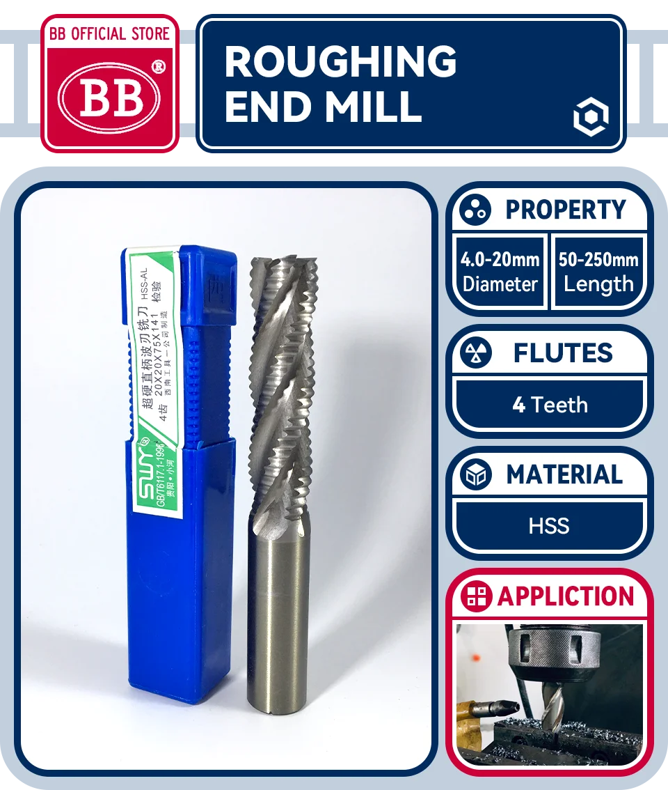 BB Roughing End Mill HSS Cutters 4 Flute 5mm to 45mm Saw Blade Metal Machining Inch & Iso 6mm 8mm 10mm 12mm 16mm