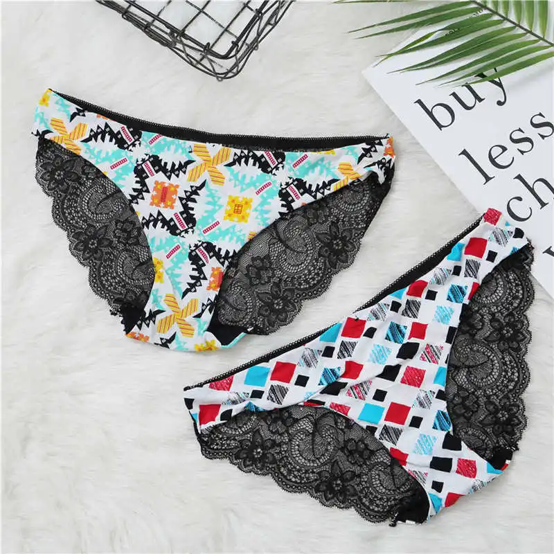 Fashion Women's Sexy Lace Panties Seamless Underwear Leopard Ice Silk for Girl Bikini Cotton Crotch Transparent Lingerie