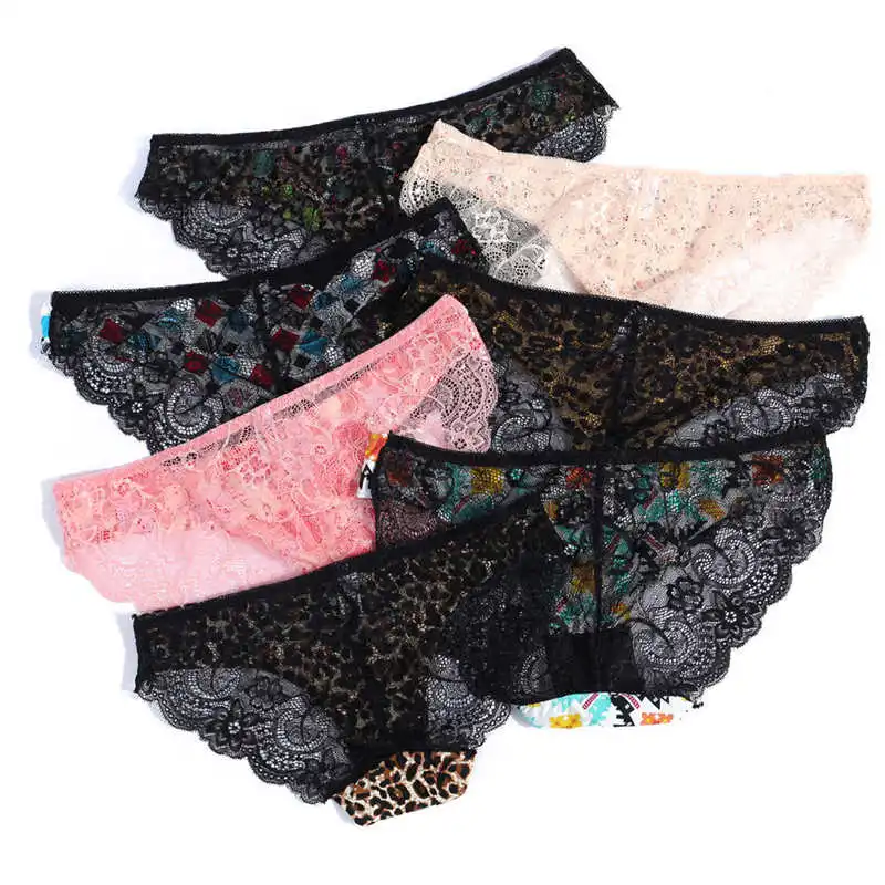 Fashion Women's Sexy Lace Panties Seamless Underwear Leopard Ice Silk for Girl Bikini Cotton Crotch Transparent Lingerie