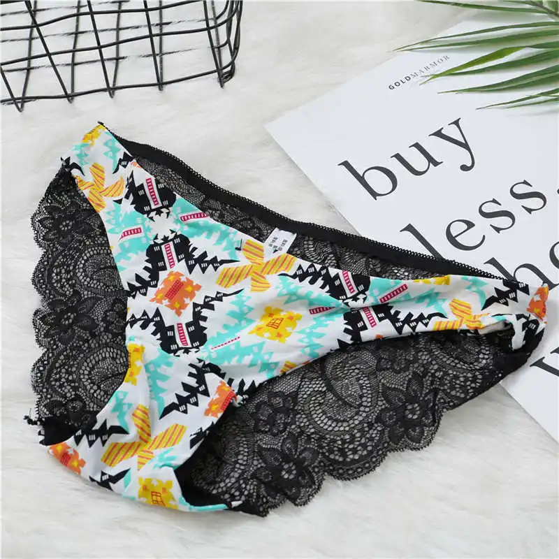 Fashion Women's Sexy Lace Panties Seamless Underwear Leopard Ice Silk for Girl Bikini Cotton Crotch Transparent Lingerie